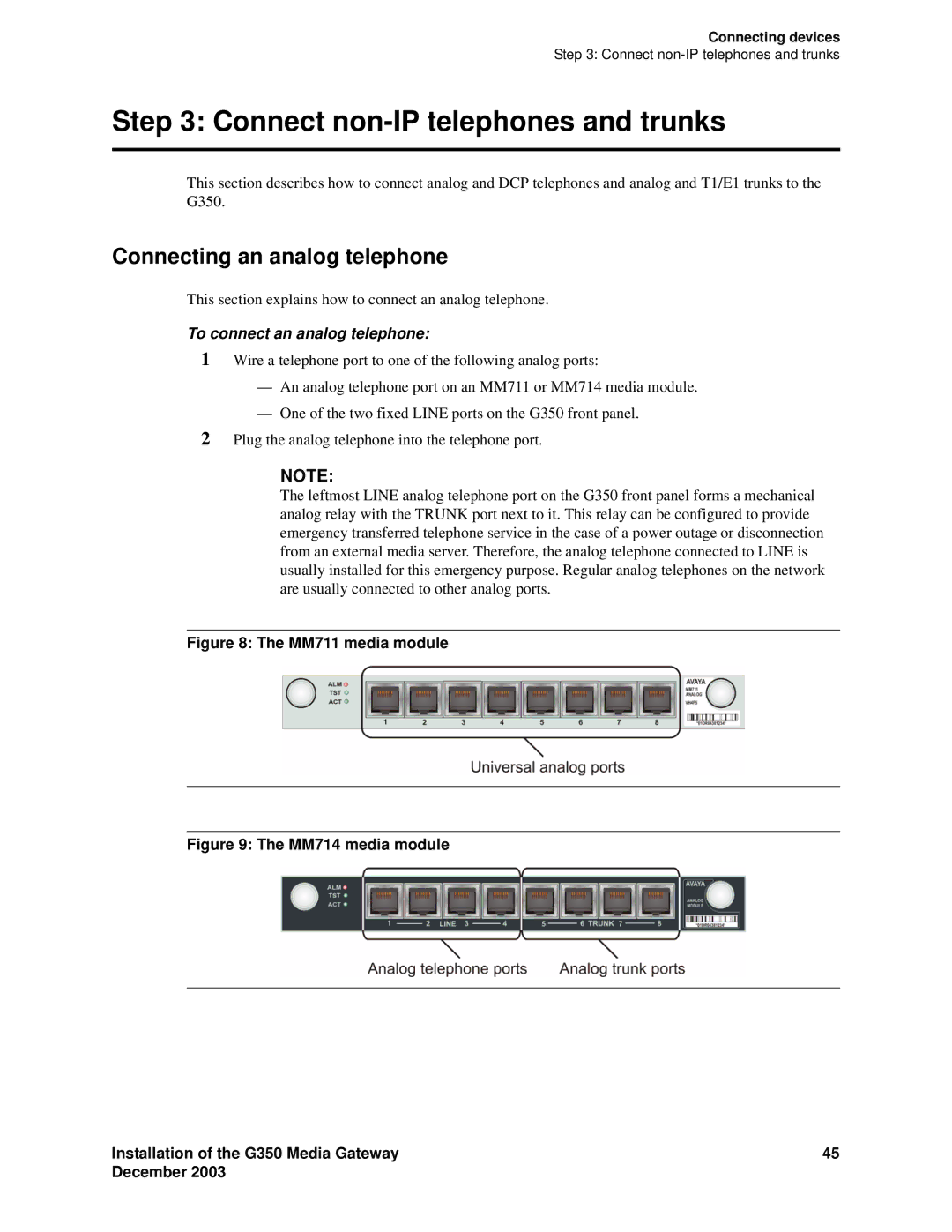 Avaya G350 manual Connect non-IP telephones and trunks, Connecting an analog telephone, To connect an analog telephone 