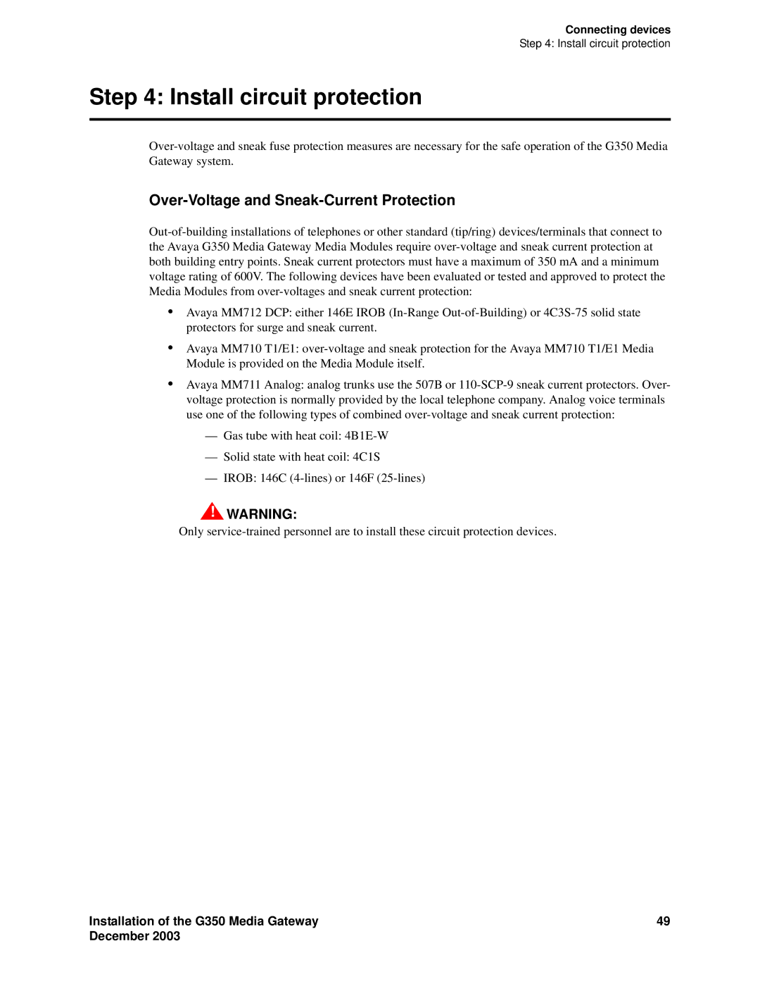 Avaya G350 manual Install circuit protection, Over-Voltage and Sneak-Current Protection 