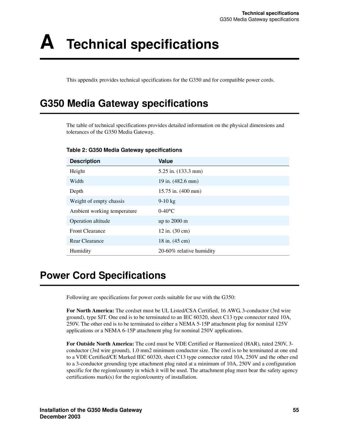 Avaya manual Technical specifications, G350 Media Gateway specifications, Power Cord Specifications 