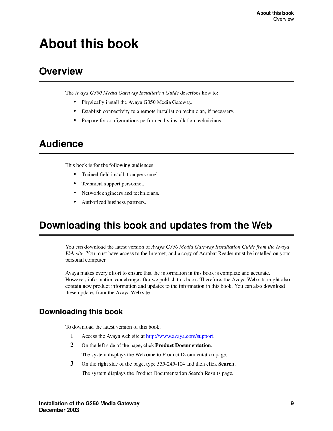 Avaya G350 manual About this book, Overview, Audience, Downloading this book and updates from the Web 