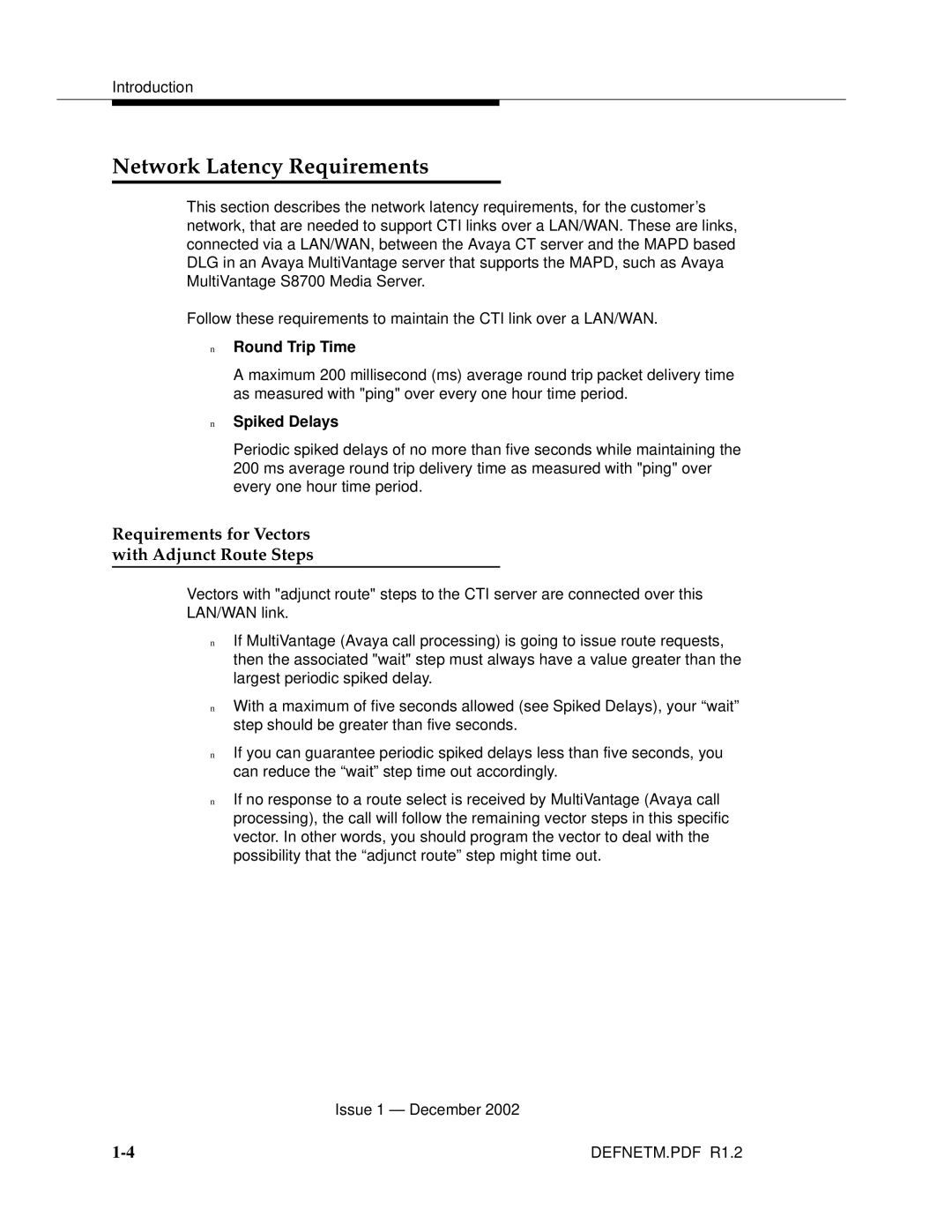 Avaya G3PBX manual Network Latency Requirements, Requirements for Vectors with Adjunct Route Steps 