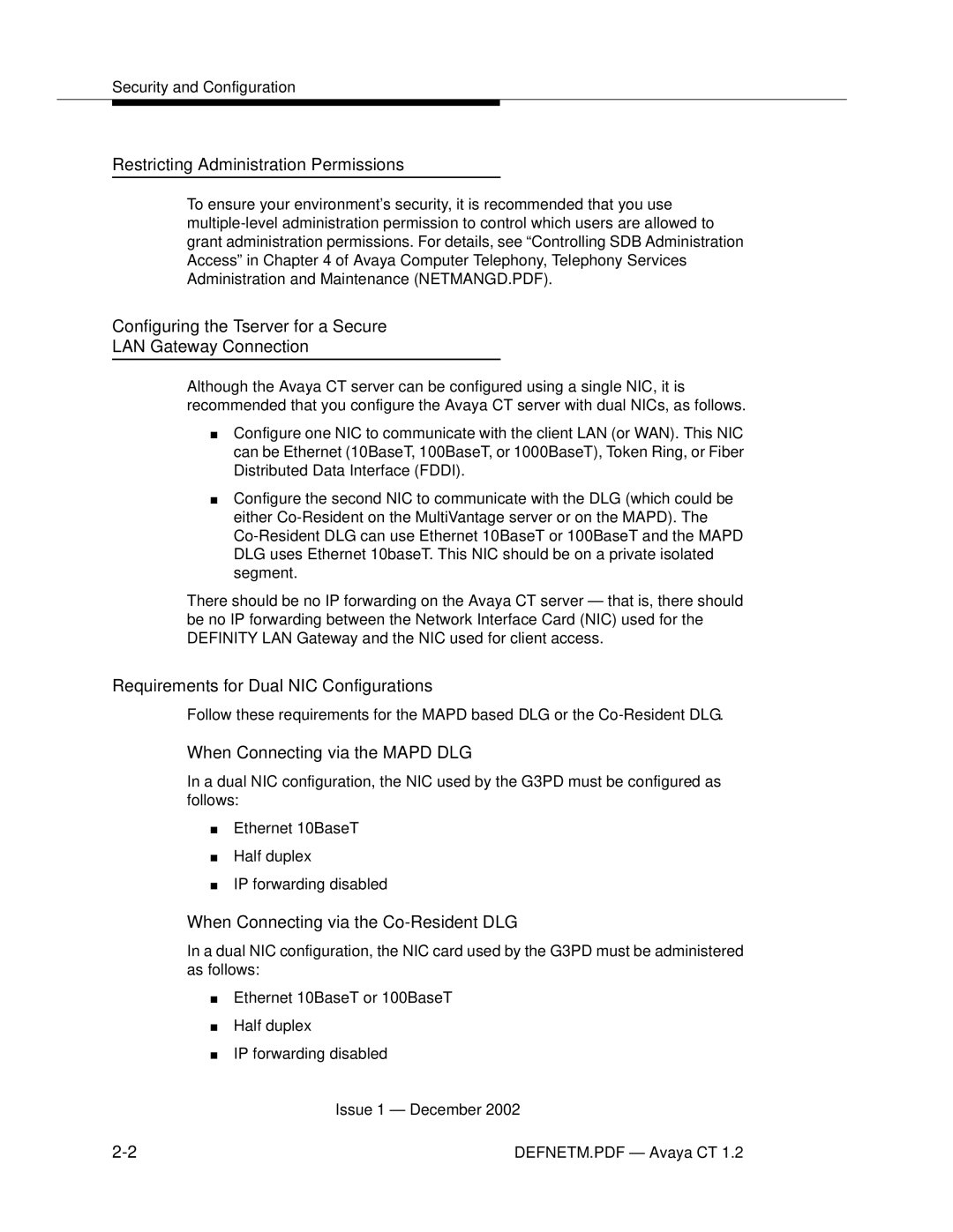 Avaya G3PBX manual Requirements for Dual NIC Configurations, When Connecting via the Mapd DLG 