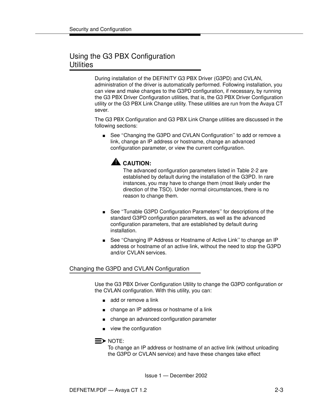 Avaya G3PBX manual Using the G3 PBX Configuration Utilities, Changing the G3PD and Cvlan Configuration 