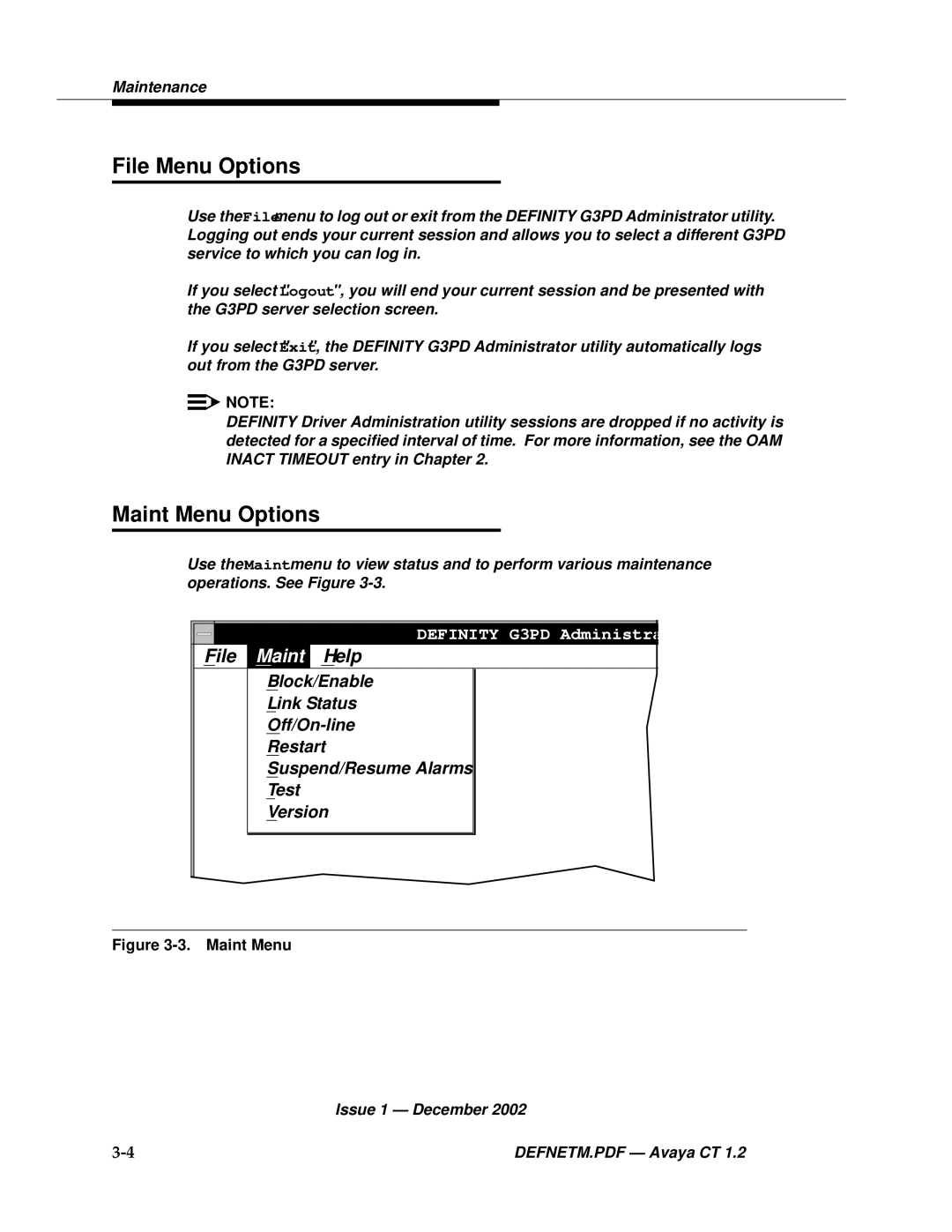 Avaya G3PBX manual File Menu Options, Maint Menu Options 