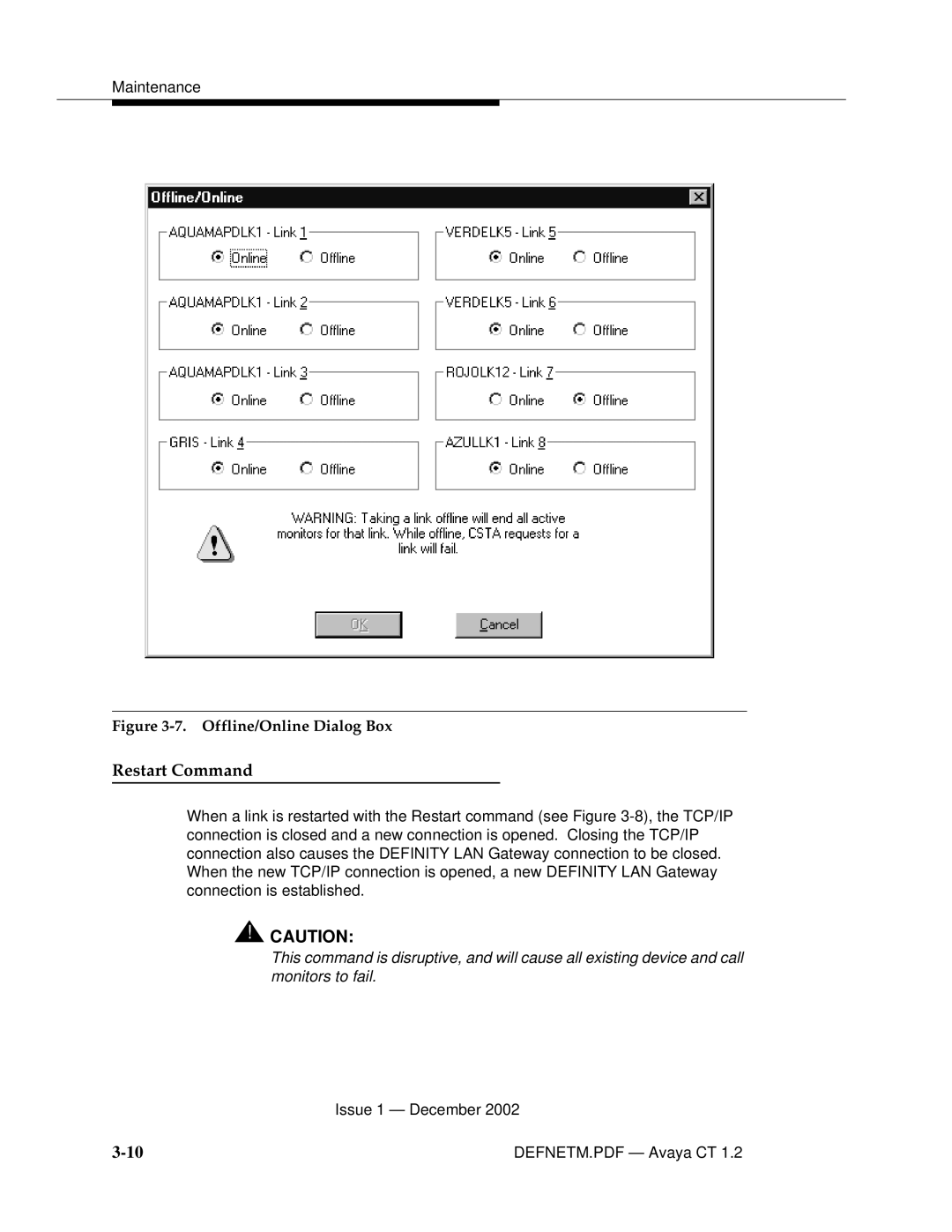 Avaya G3PBX manual Restart Command, Offline/Online Dialog Box 