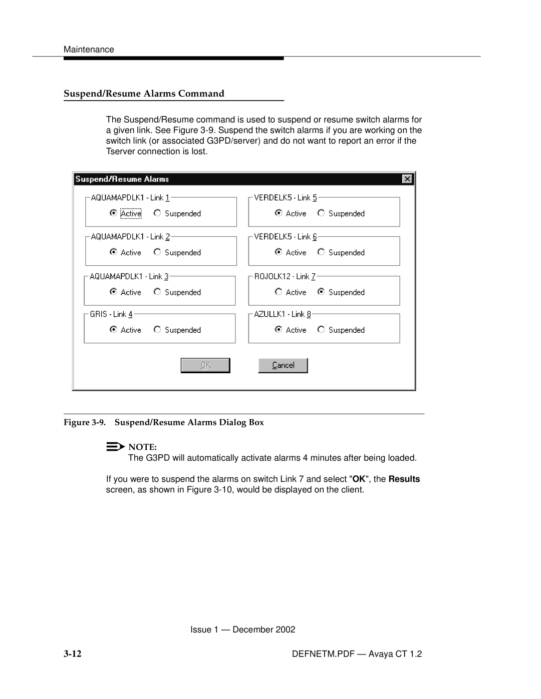 Avaya G3PBX manual Suspend/Resume Alarms Command, Suspend/Resume Alarms Dialog Box 