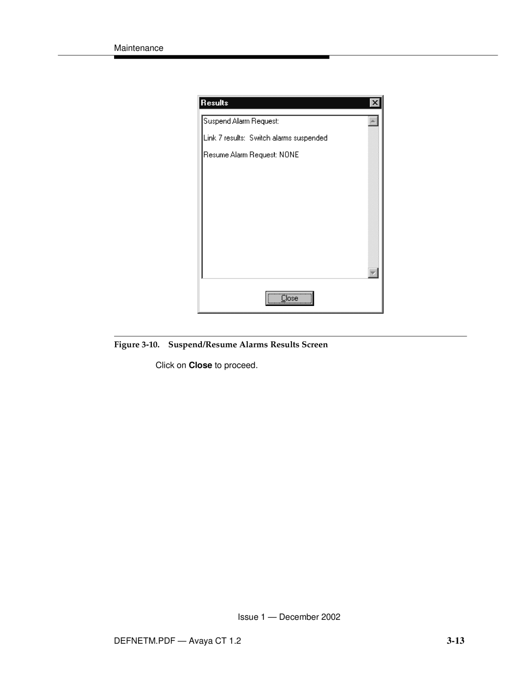 Avaya G3PBX manual Suspend/Resume Alarms Results Screen 