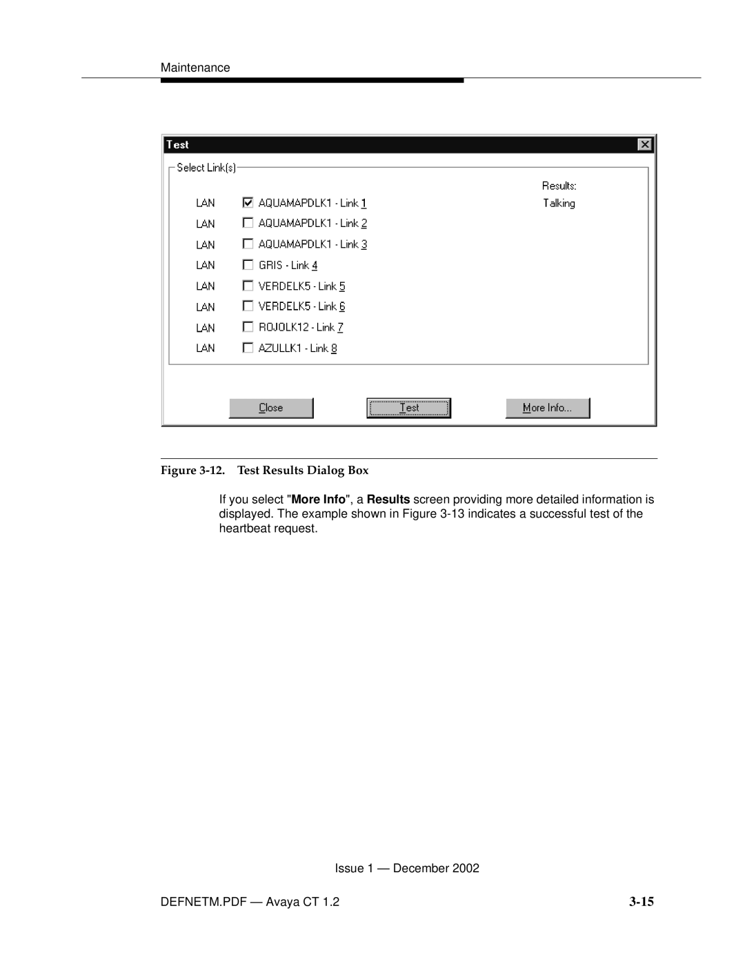 Avaya G3PBX manual Test Results Dialog Box 