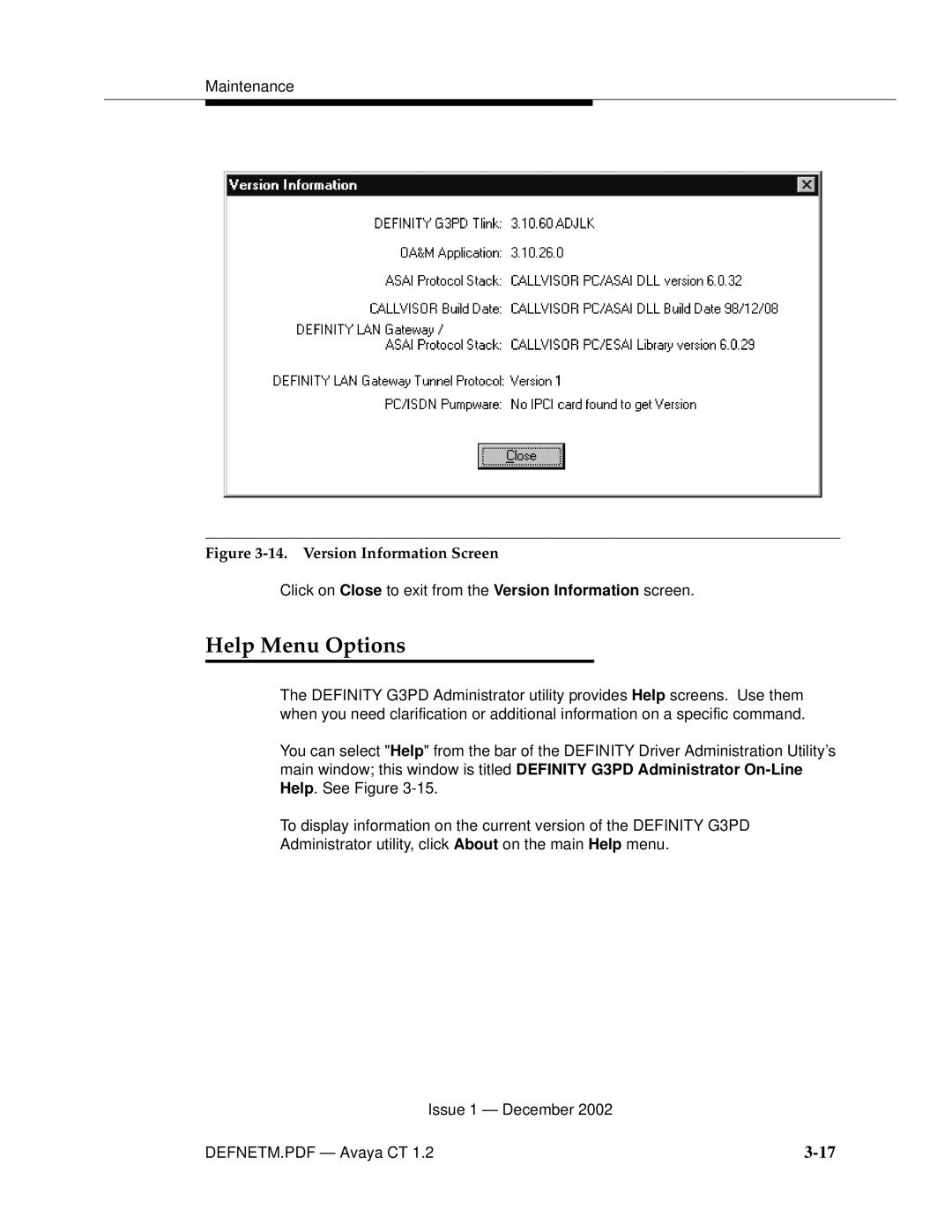 Avaya G3PBX manual Help Menu Options, Version Information Screen 
