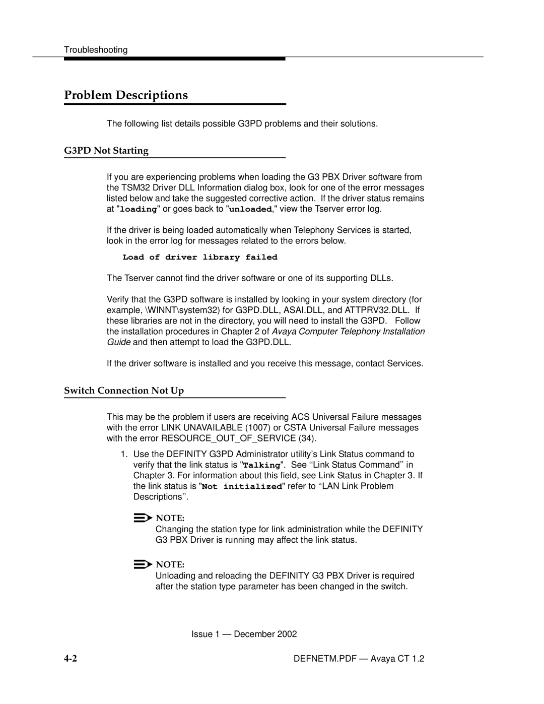 Avaya G3PBX manual Problem Descriptions, G3PD Not Starting, Switch Connection Not Up 