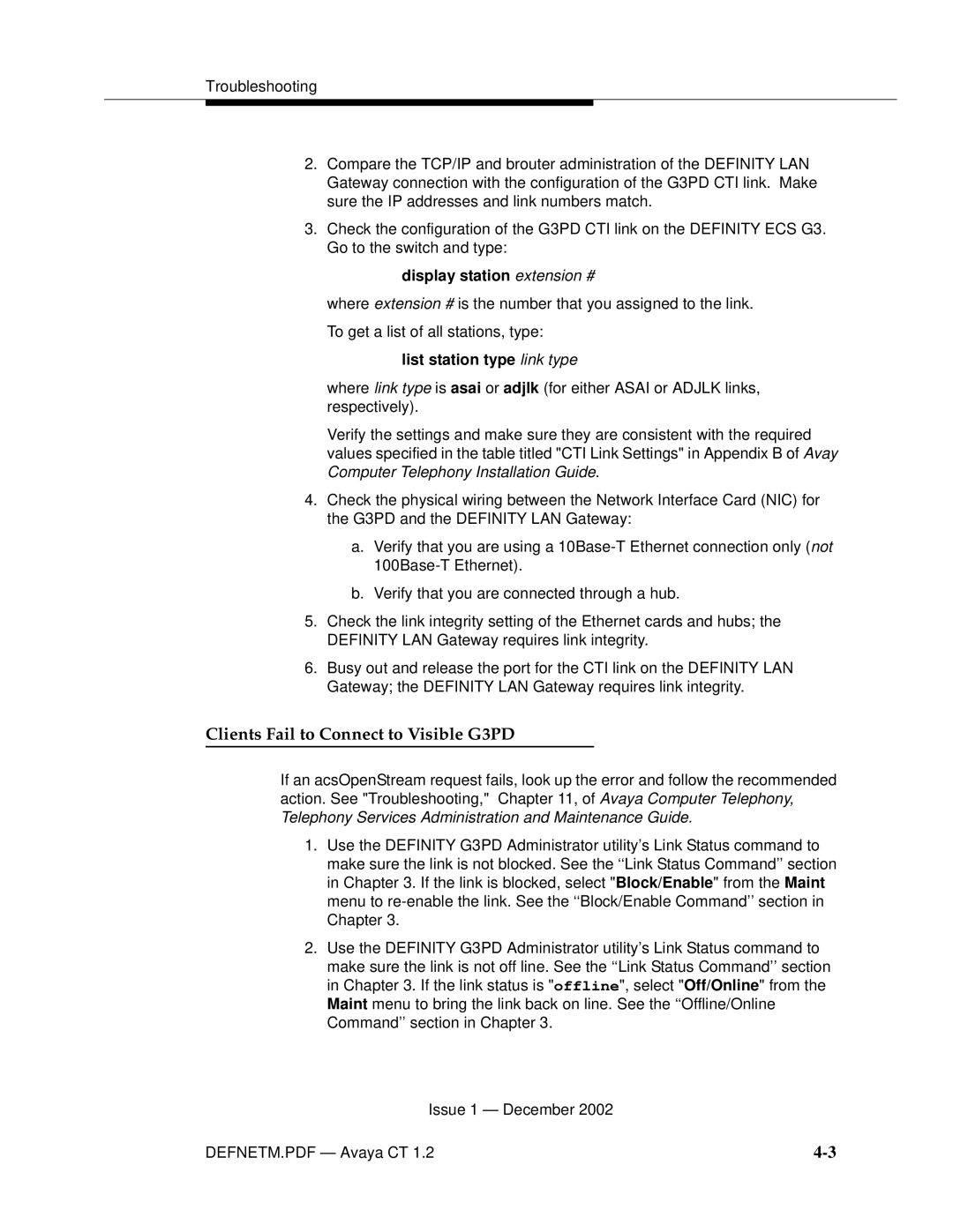 Avaya G3PBX manual Clients Fail to Connect to Visible G3PD, Display station extension # 