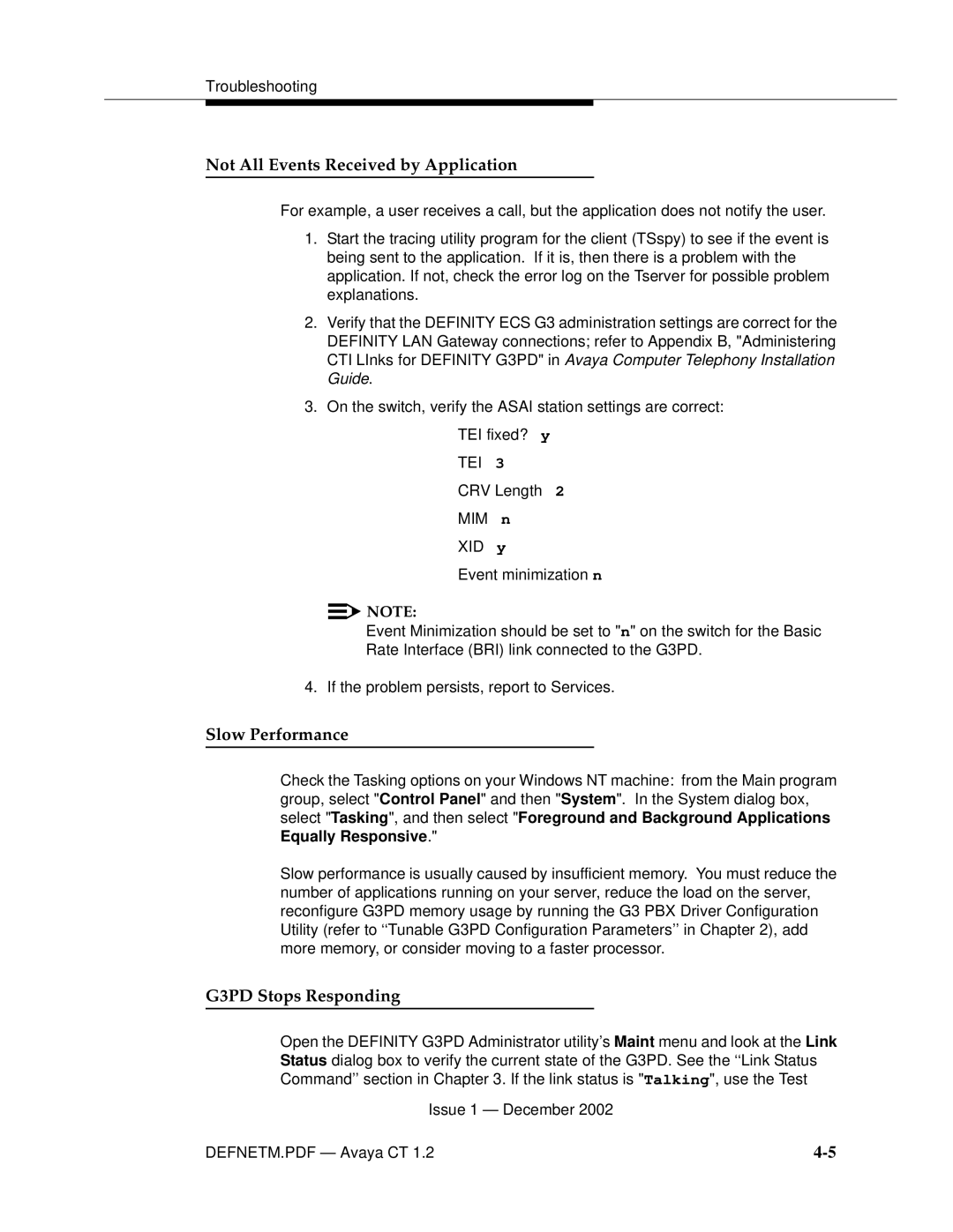 Avaya G3PBX manual Not All Events Received by Application, Slow Performance, G3PD Stops Responding 