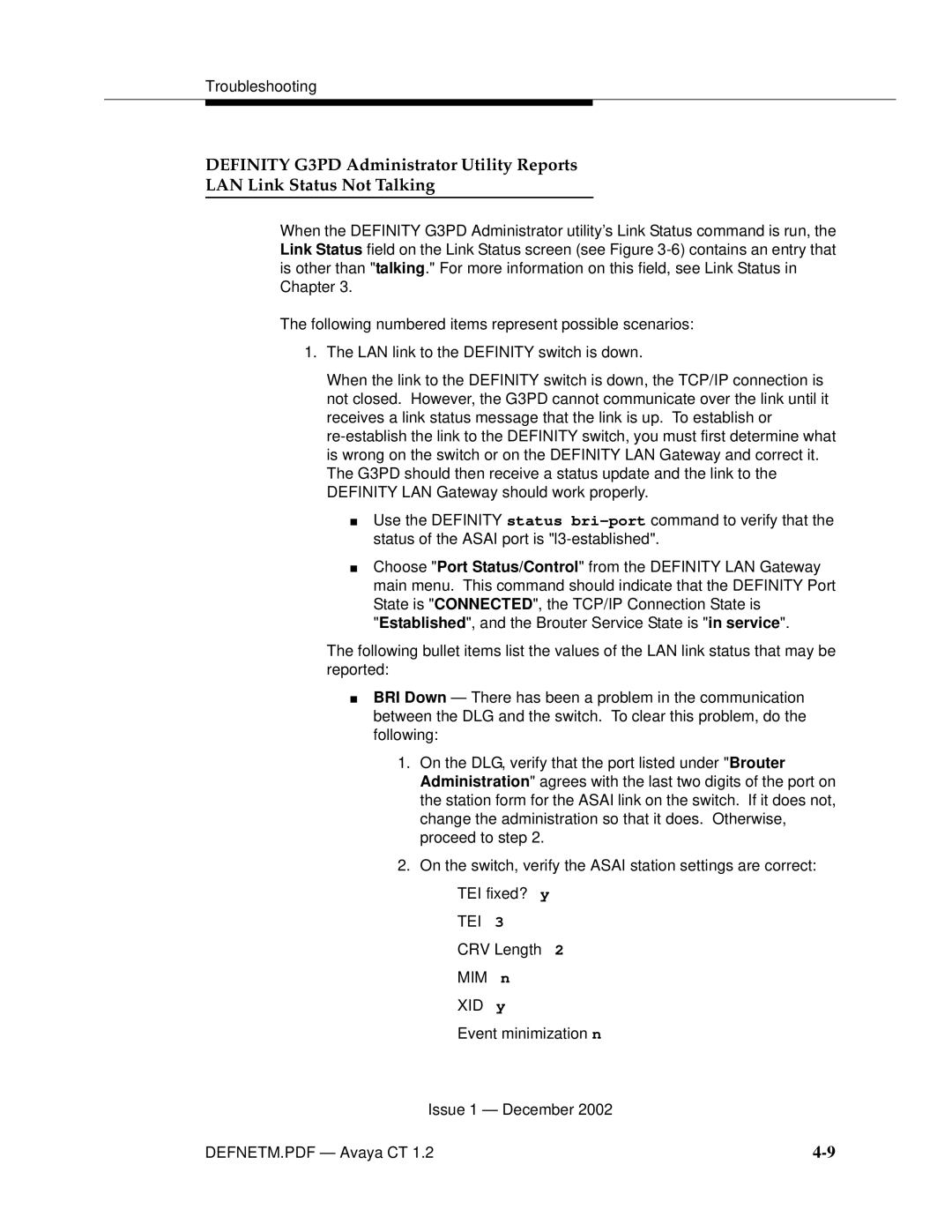 Avaya G3PBX manual CRV Length MIM n XID y Event minimization n Issue 1 December 