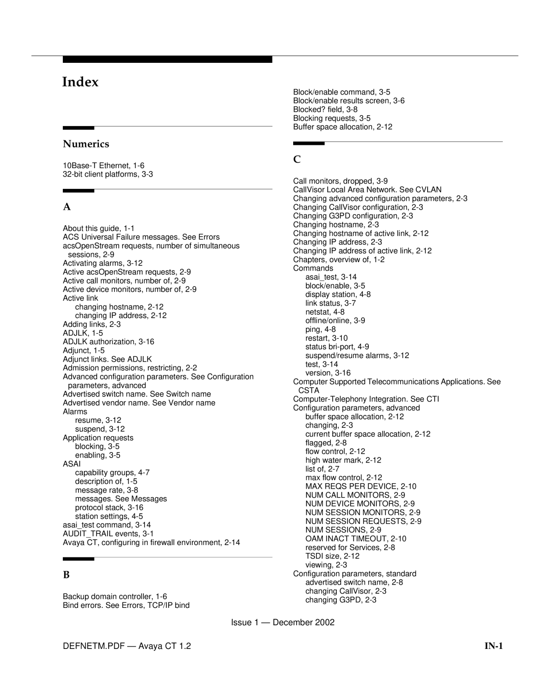 Avaya G3PBX manual Index 