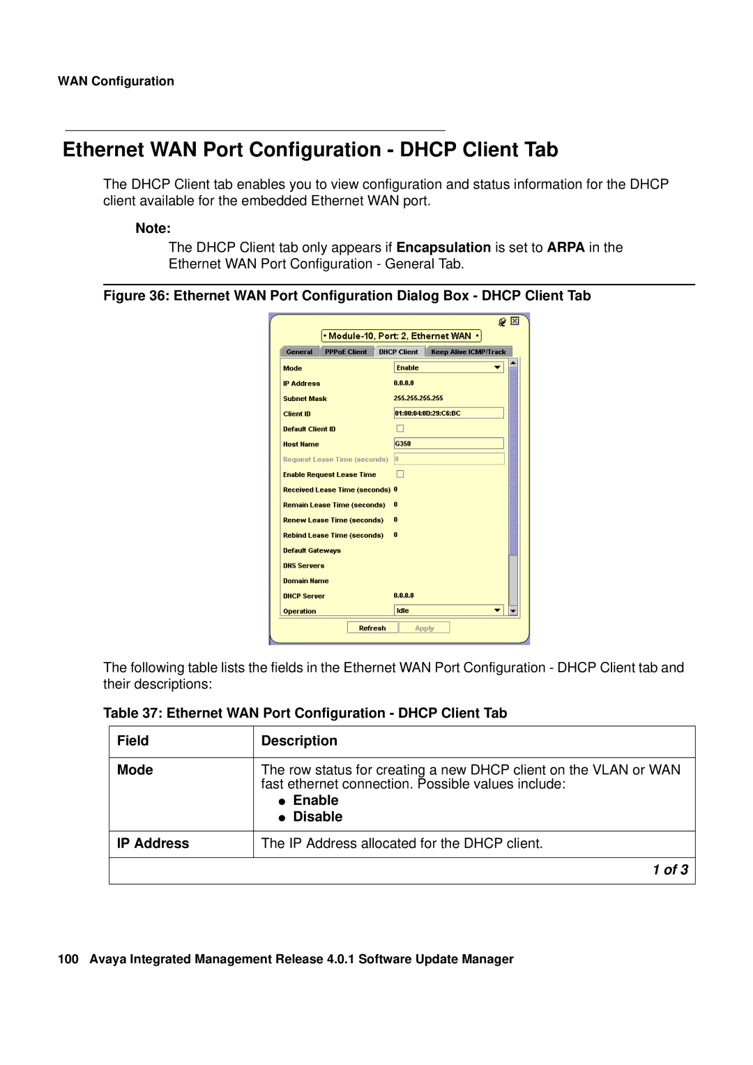 Avaya G450 Ethernet WAN Port Configuration Dhcp Client Tab, Ethernet WAN Port Configuration Dialog Box Dhcp Client Tab 