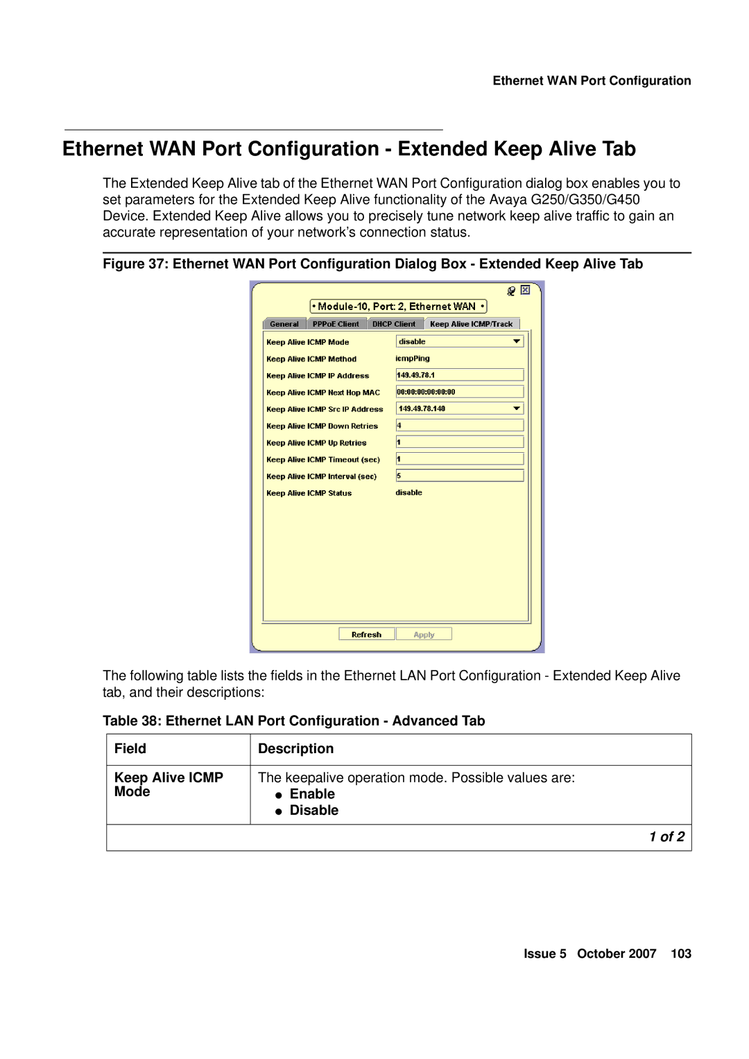 Avaya G250, G450 manual Ethernet WAN Port Configuration Extended Keep Alive Tab 