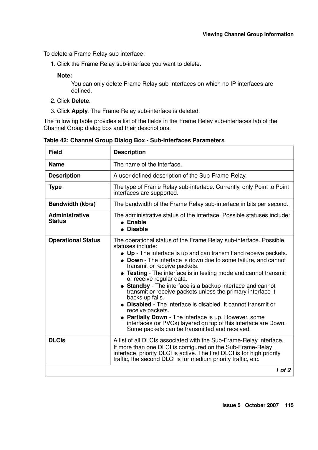 Avaya G250, G450 manual Type, Bandwidth kb/s, Status Enable Disable Operational Status, DLCIs 