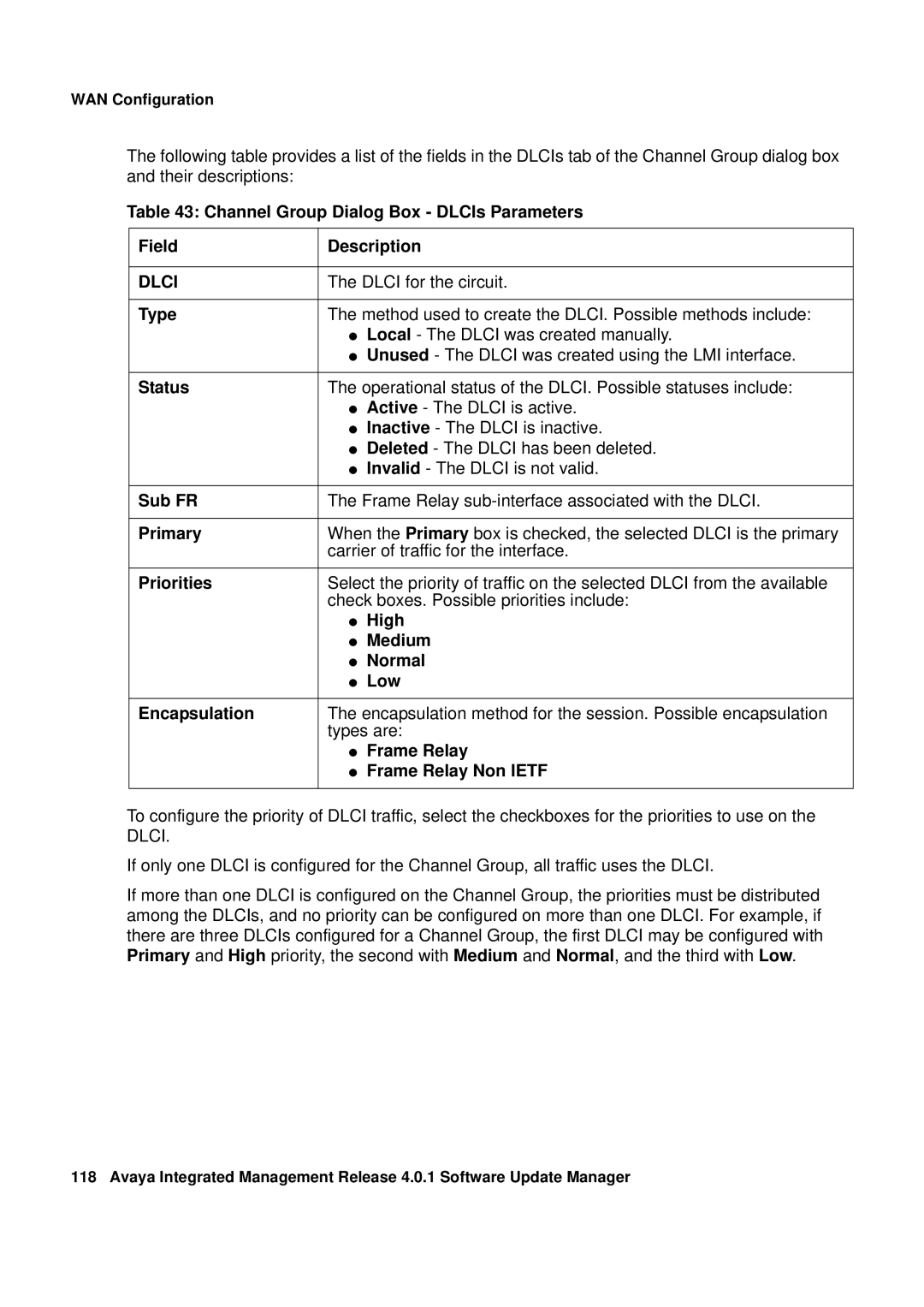 Avaya G450, G250 manual Channel Group Dialog Box DLCIs Parameters Field Description, Dlci for the circuit 