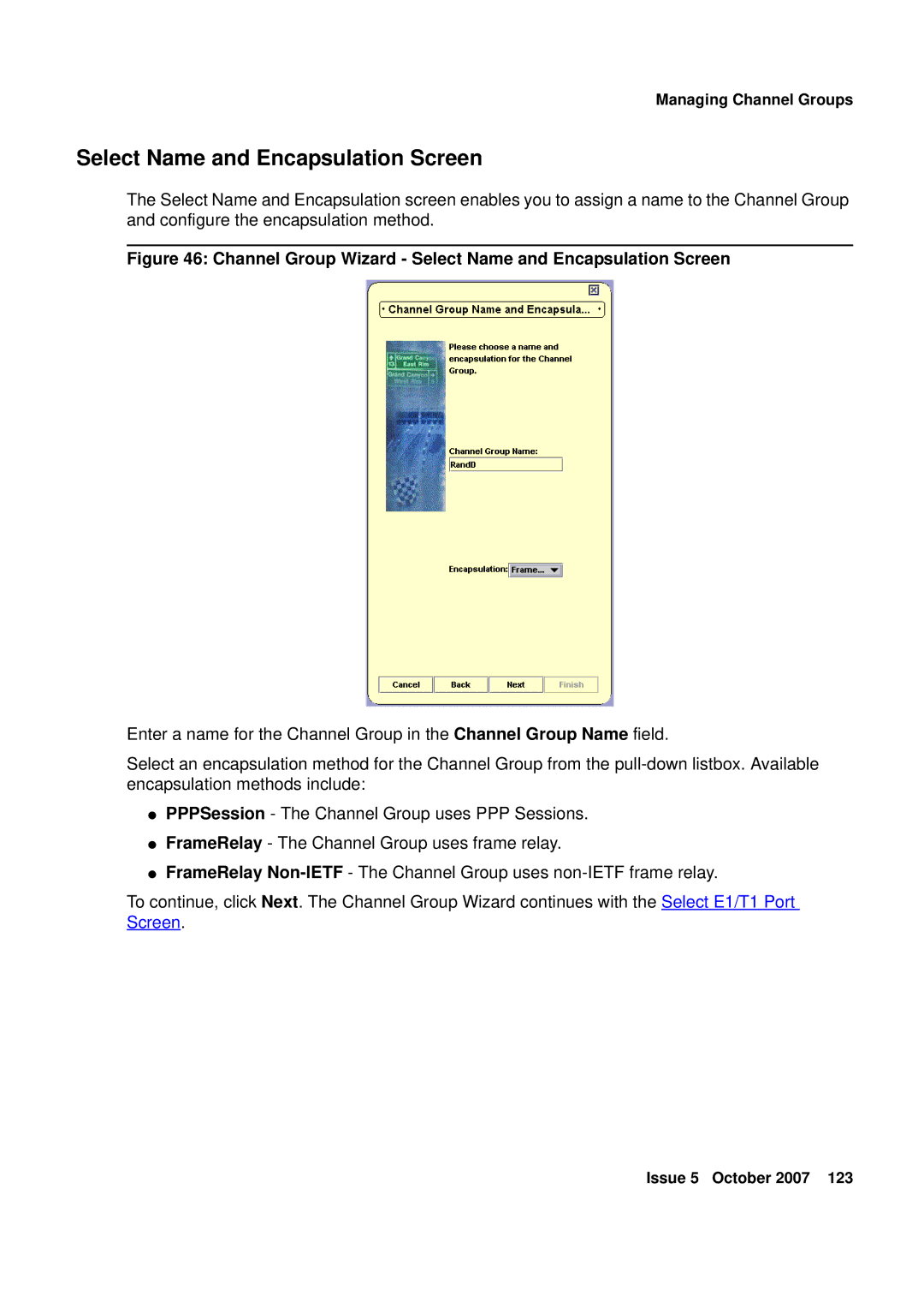 Avaya G250, G450 manual Channel Group Wizard Select Name and Encapsulation Screen 