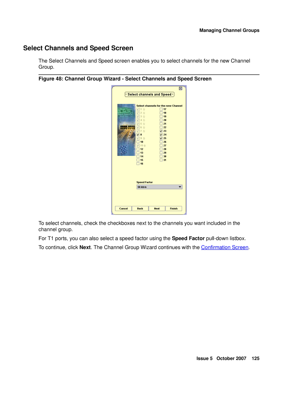 Avaya G250, G450 manual Channel Group Wizard Select Channels and Speed Screen 