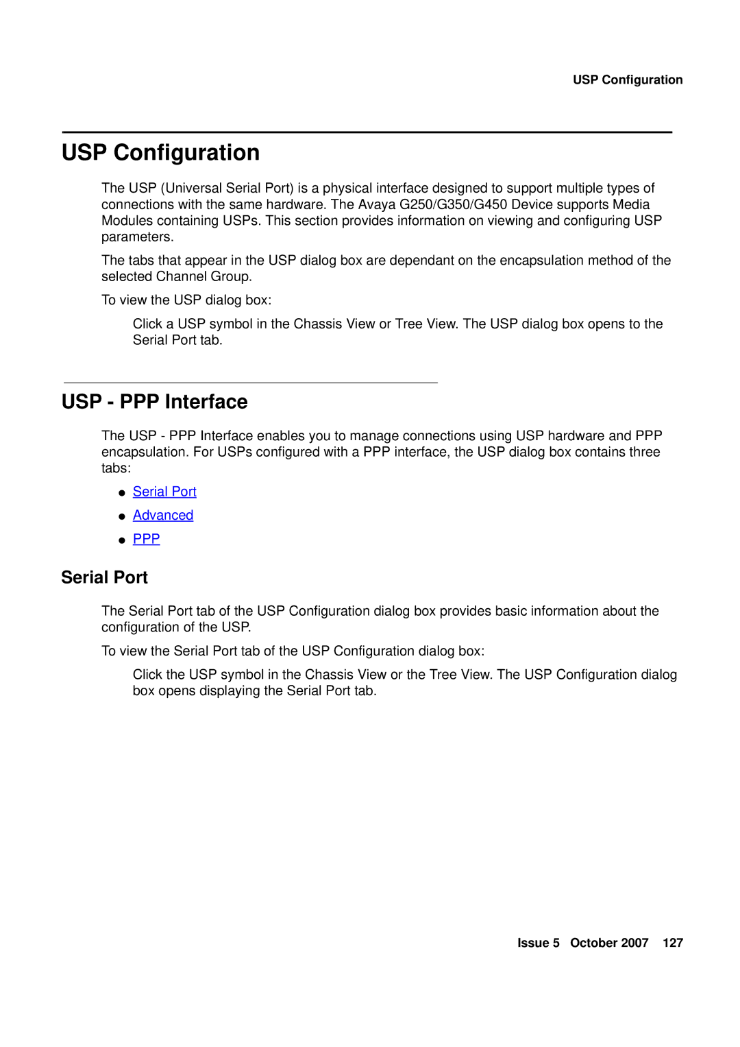 Avaya G250, G450 manual USP Configuration, USP PPP Interface, Serial Port 