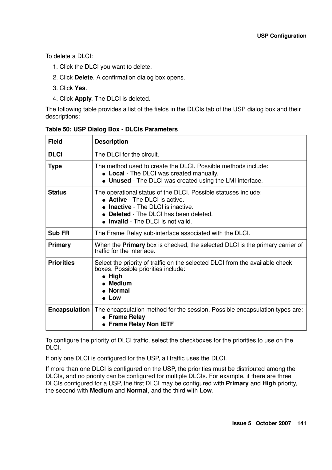 Avaya G250, G450 manual USP Dialog Box DLCIs Parameters Field Description, Dlci 