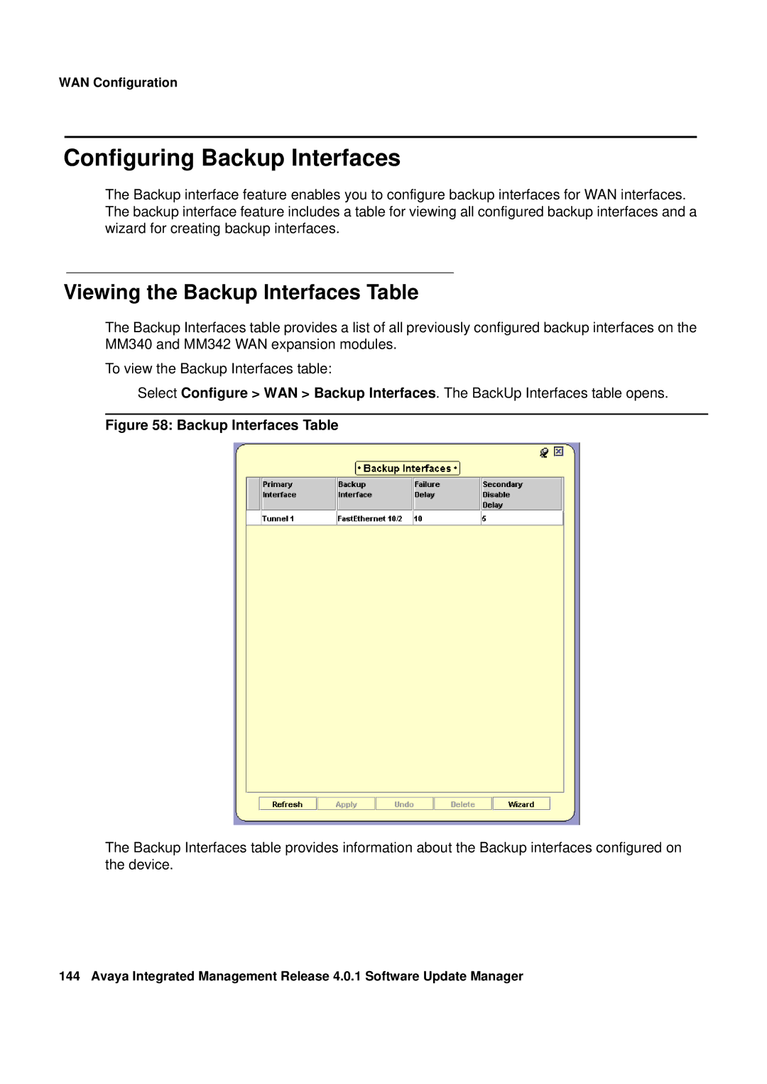 Avaya G450, G250 manual Configuring Backup Interfaces, Viewing the Backup Interfaces Table 