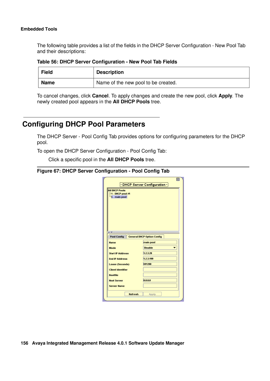 Avaya G450, G250 manual Configuring Dhcp Pool Parameters, Dhcp Server Configuration Pool Config Tab 