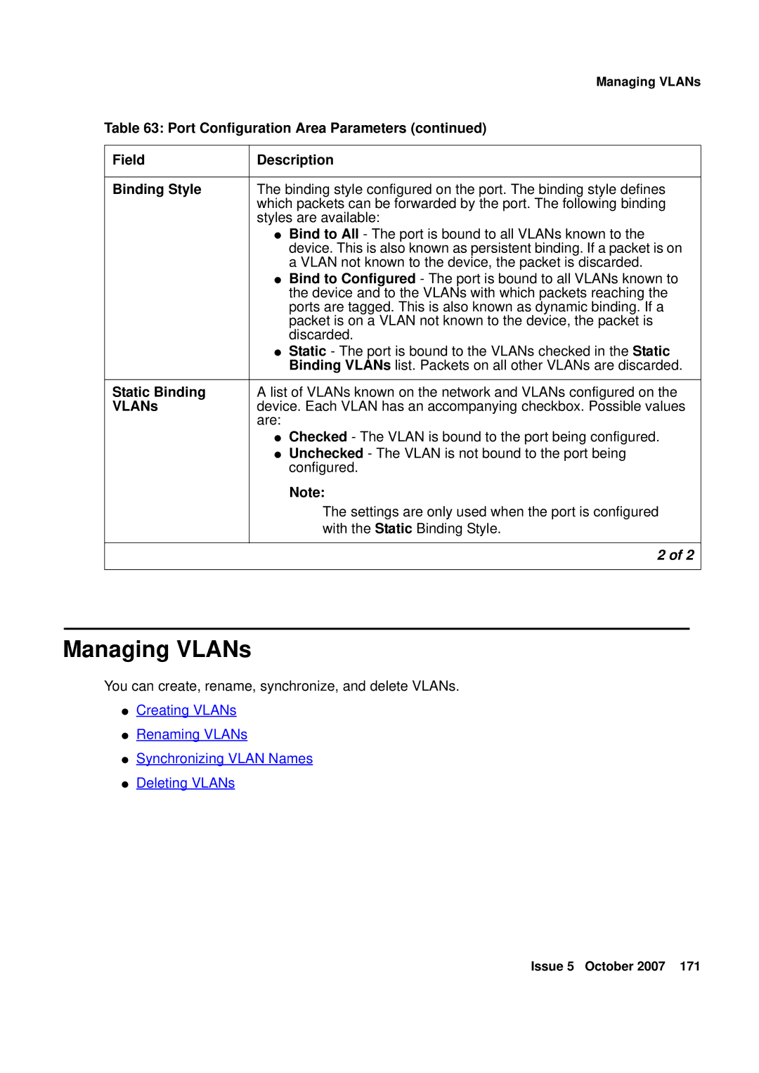 Avaya G250, G450 manual Managing VLANs, Port Configuration Area Parameters, Field Description Binding Style, Static Binding 