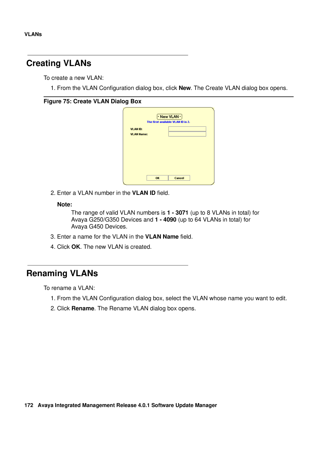 Avaya G450, G250 manual Creating VLANs, Renaming VLANs 