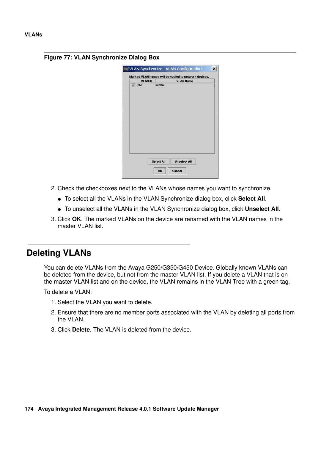 Avaya G450, G250 manual Deleting VLANs, Vlan Synchronize Dialog Box 