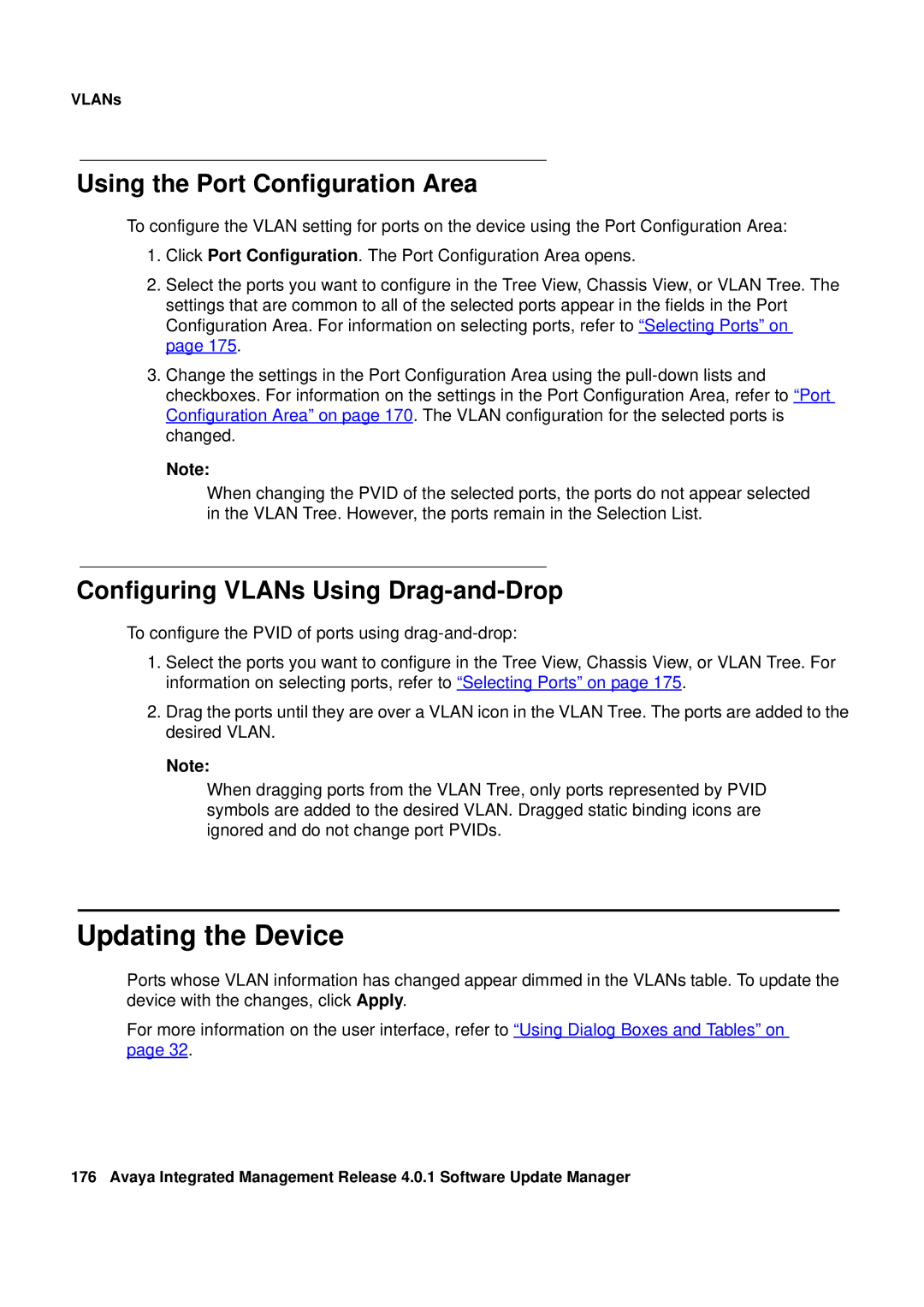 Avaya G450, G250 manual Updating the Device, Using the Port Configuration Area, Configuring VLANs Using Drag-and-Drop 