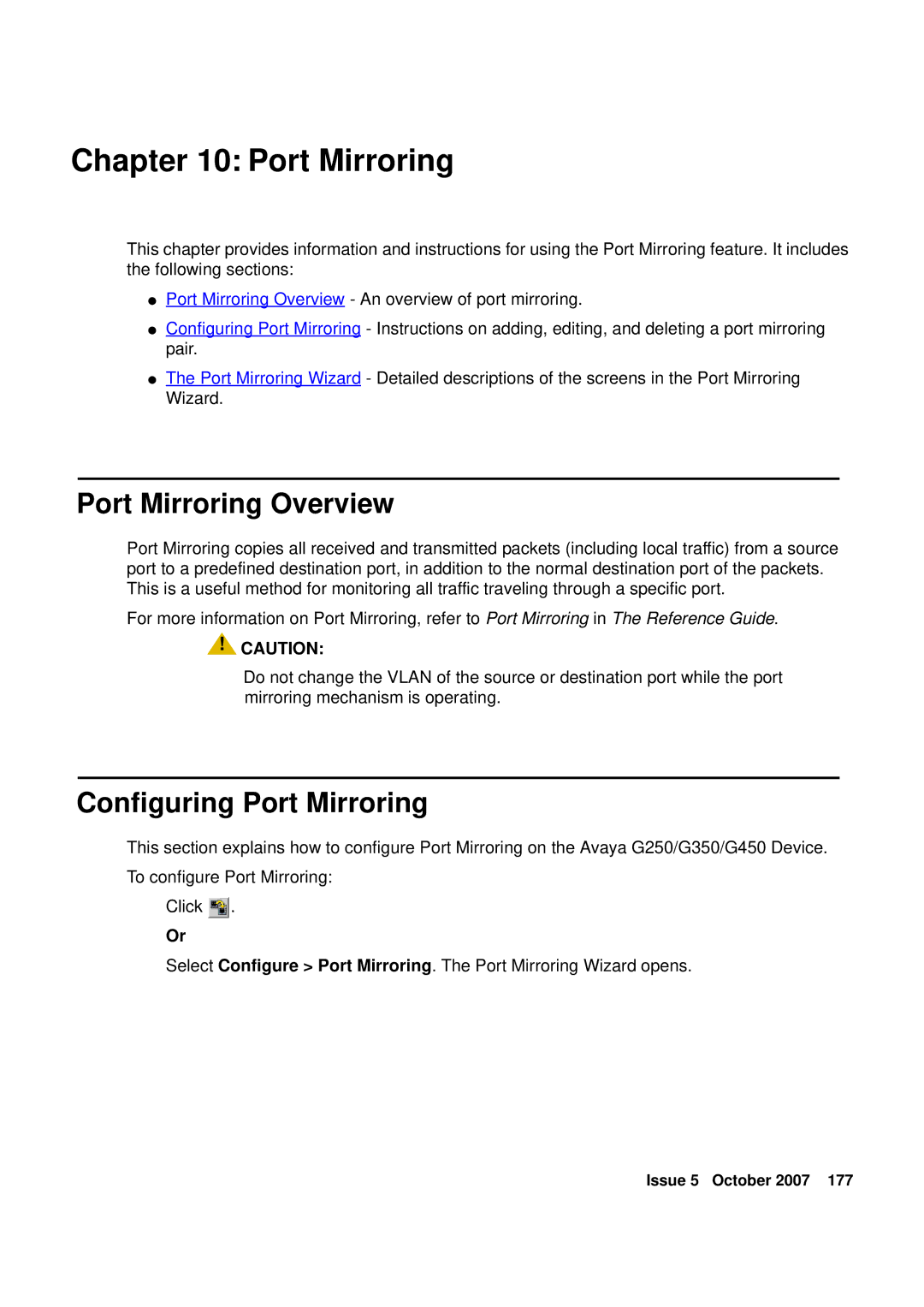 Avaya G250, G450 manual Port Mirroring Overview, Configuring Port Mirroring 