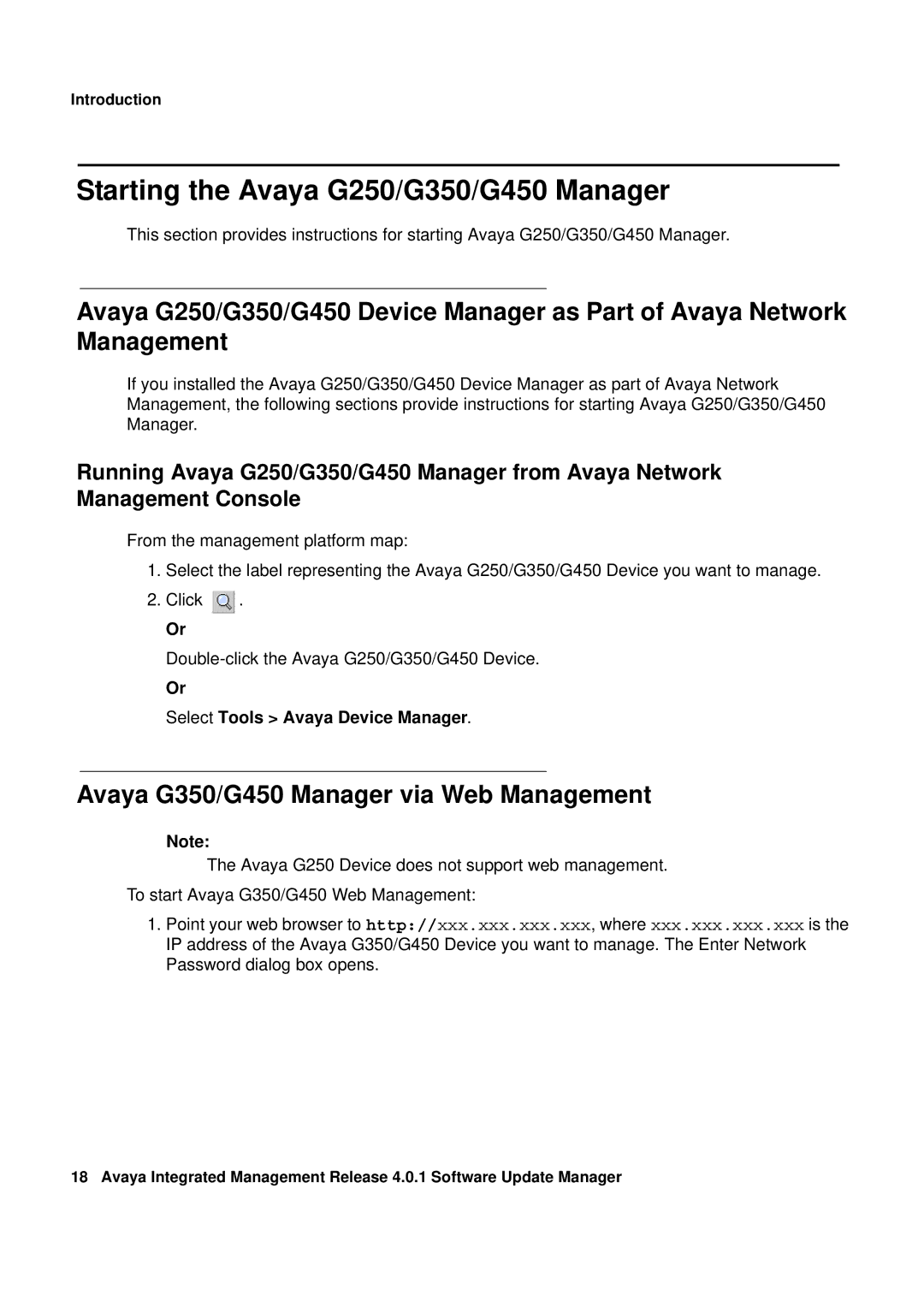 Avaya manual Starting the Avaya G250/G350/G450 Manager, Avaya G350/G450 Manager via Web Management 