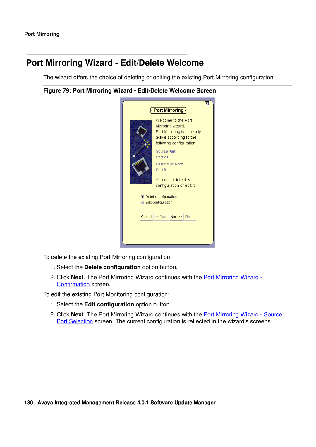 Avaya G450, G250 manual Port Mirroring Wizard Edit/Delete Welcome Screen 