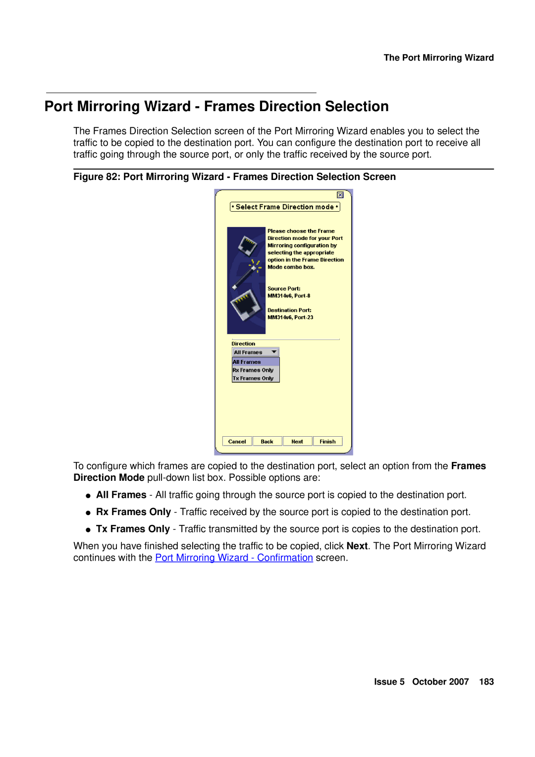 Avaya G250, G450 manual Port Mirroring Wizard Frames Direction Selection Screen 