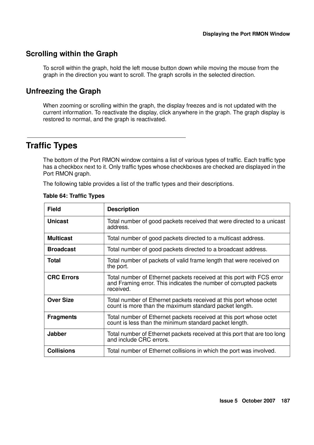 Avaya G250, G450 manual Traffic Types, Scrolling within the Graph, Unfreezing the Graph 