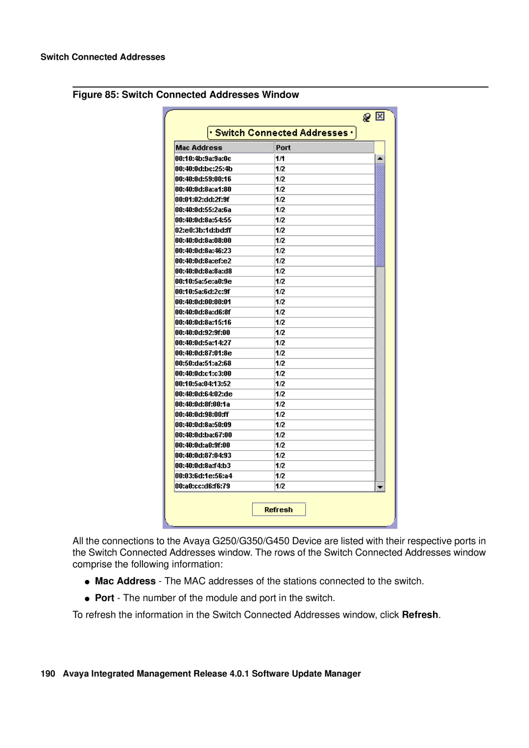 Avaya G450, G250 manual Switch Connected Addresses Window 