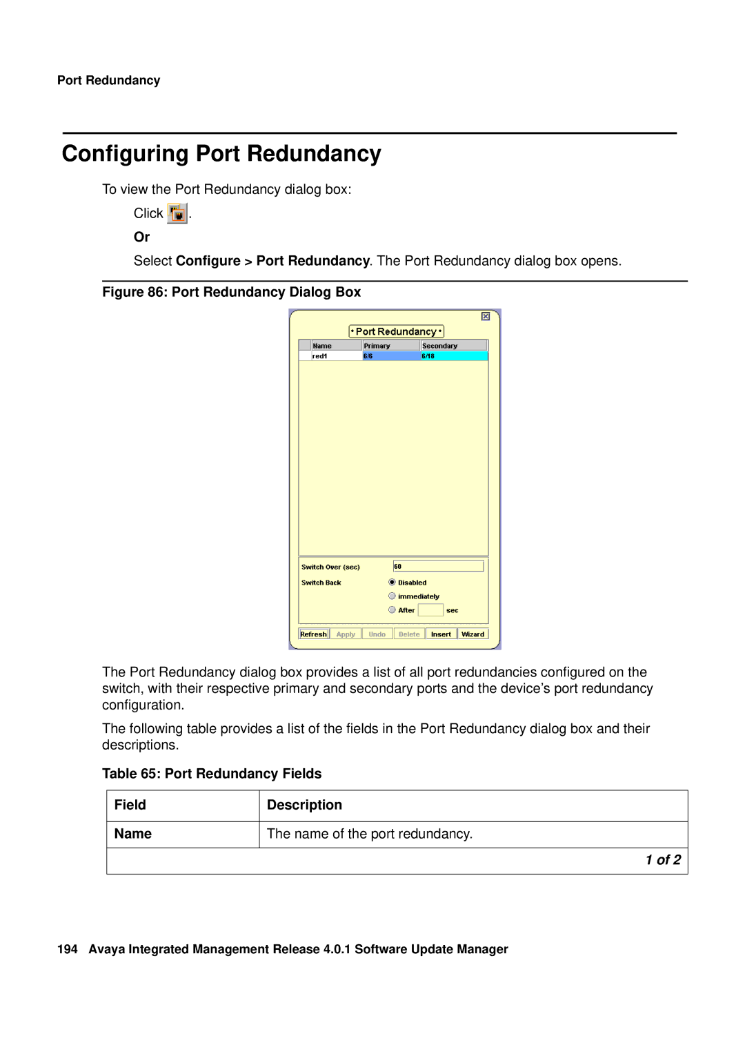 Avaya G450, G250 manual Configuring Port Redundancy, Port Redundancy Fields Name Description 