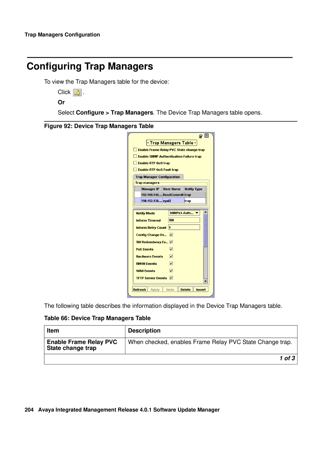 Avaya G450, G250 manual Configuring Trap Managers, Device Trap Managers Table 