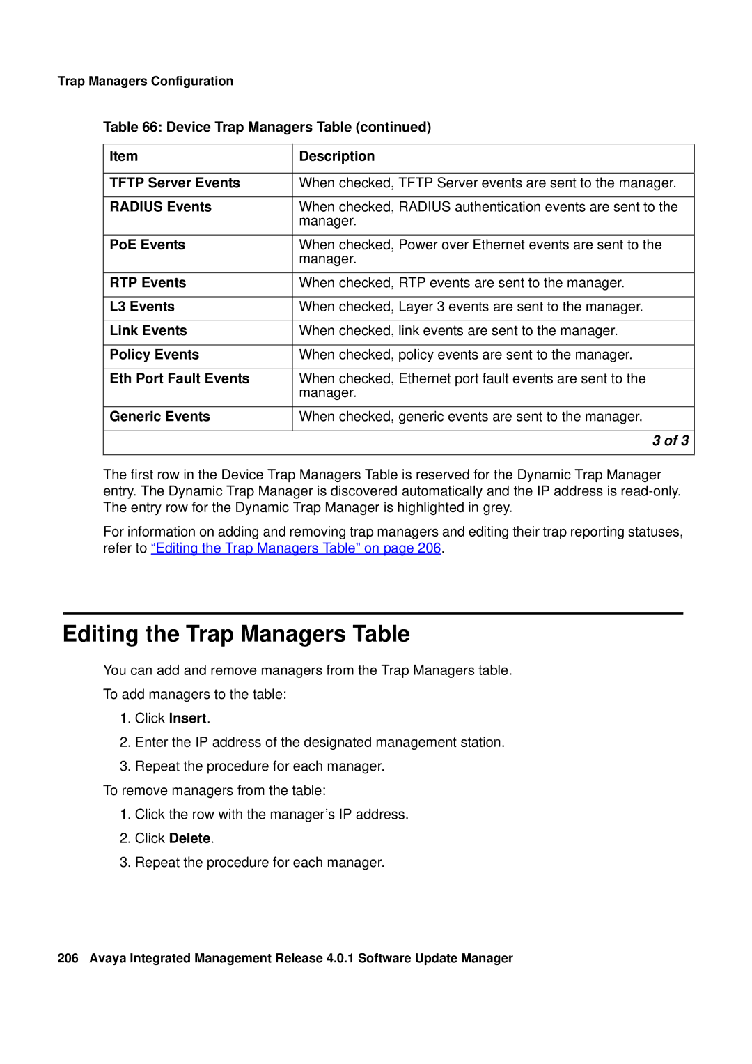 Avaya G450, G250 manual Editing the Trap Managers Table 