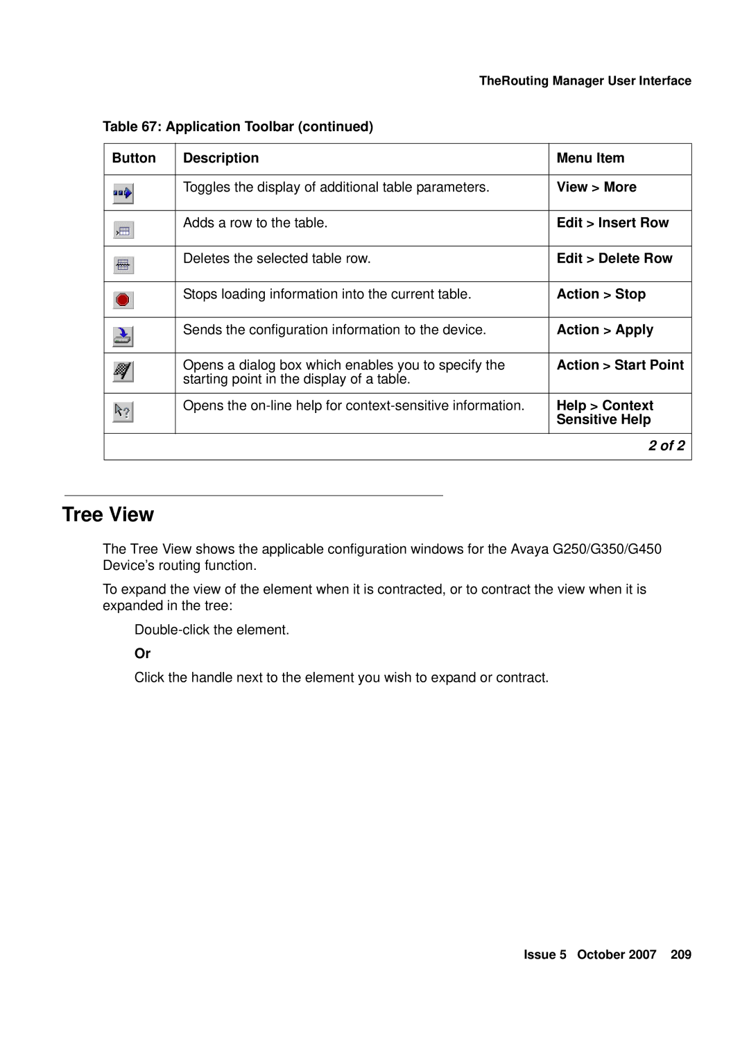 Avaya G250 Application Toolbar Button Description Menu Item, View More, Edit Insert Row, Edit Delete Row, Action Stop 