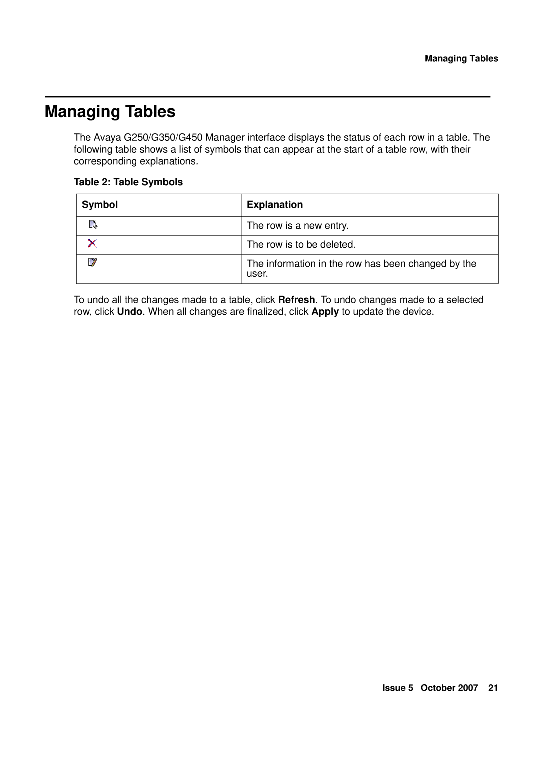 Avaya G250, G450 manual Managing Tables, Table Symbols Explanation 