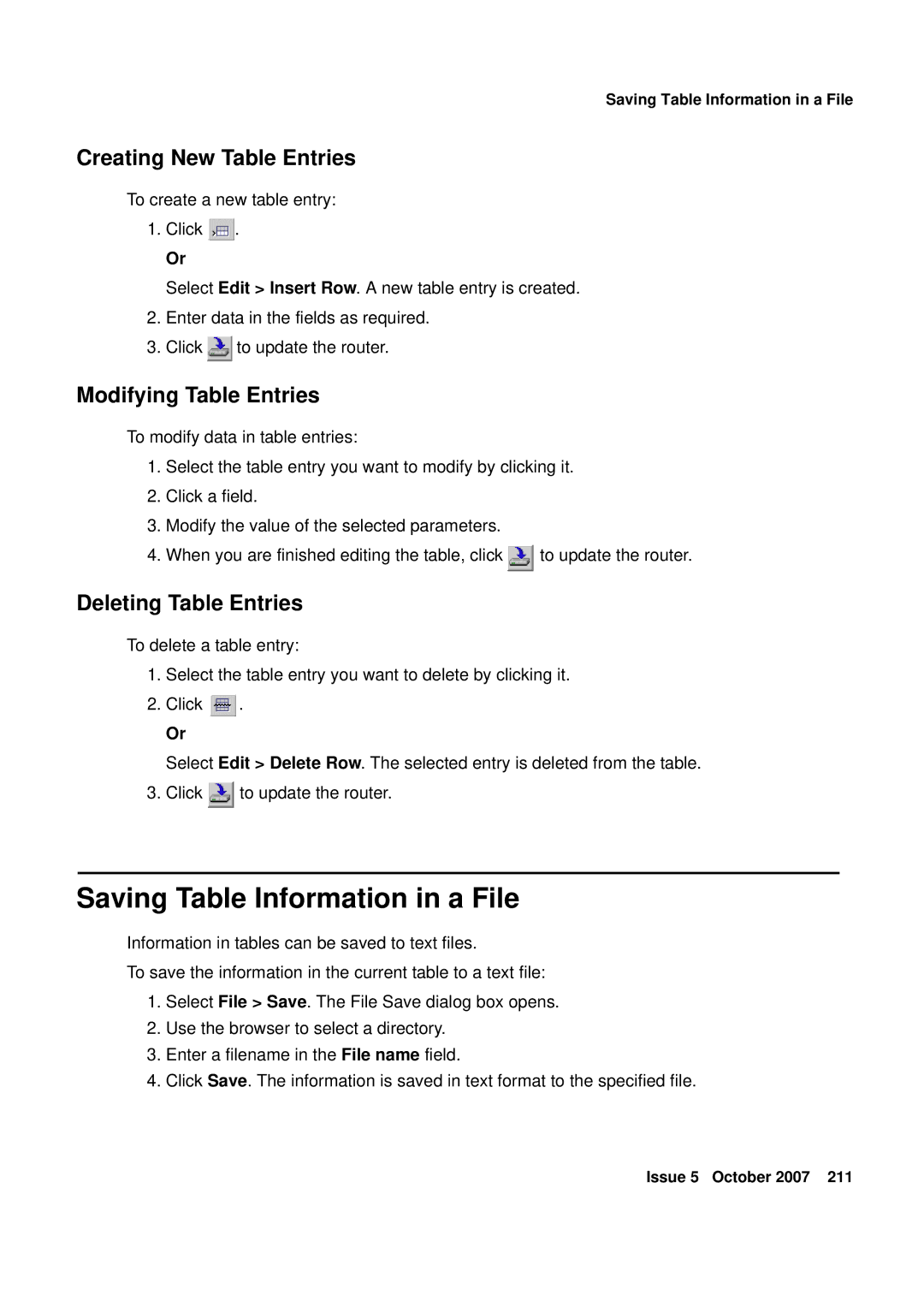 Avaya G250 Saving Table Information in a File, Creating New Table Entries, Modifying Table Entries, Deleting Table Entries 