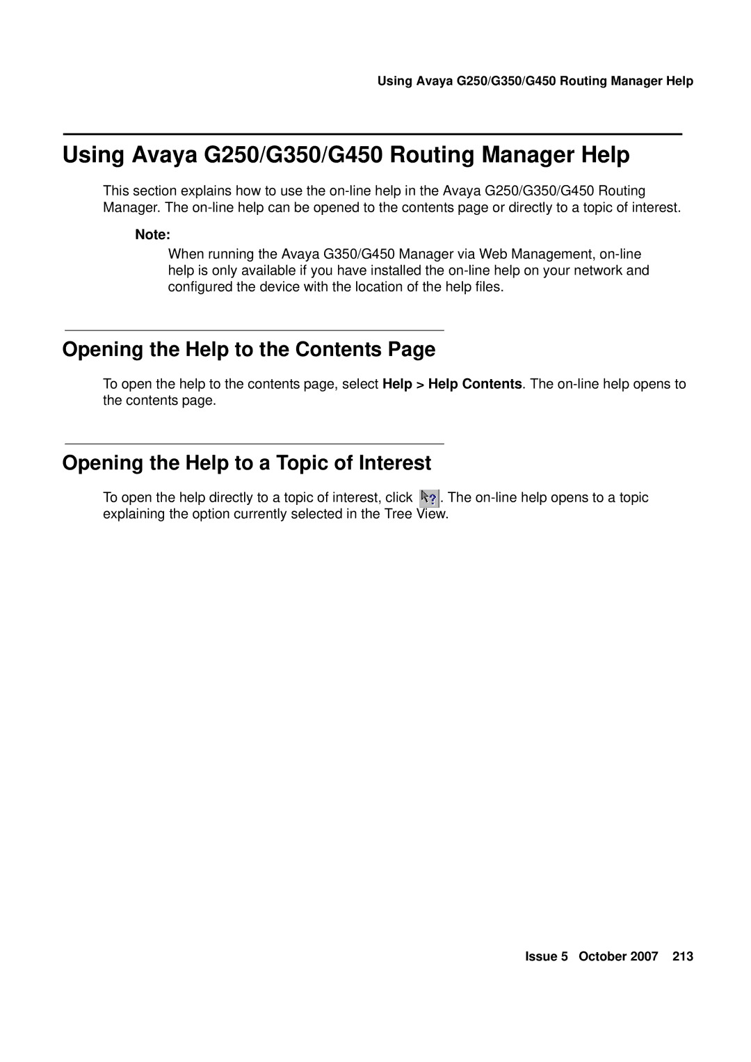 Avaya manual Using Avaya G250/G350/G450 Routing Manager Help, Opening the Help to the Contents 