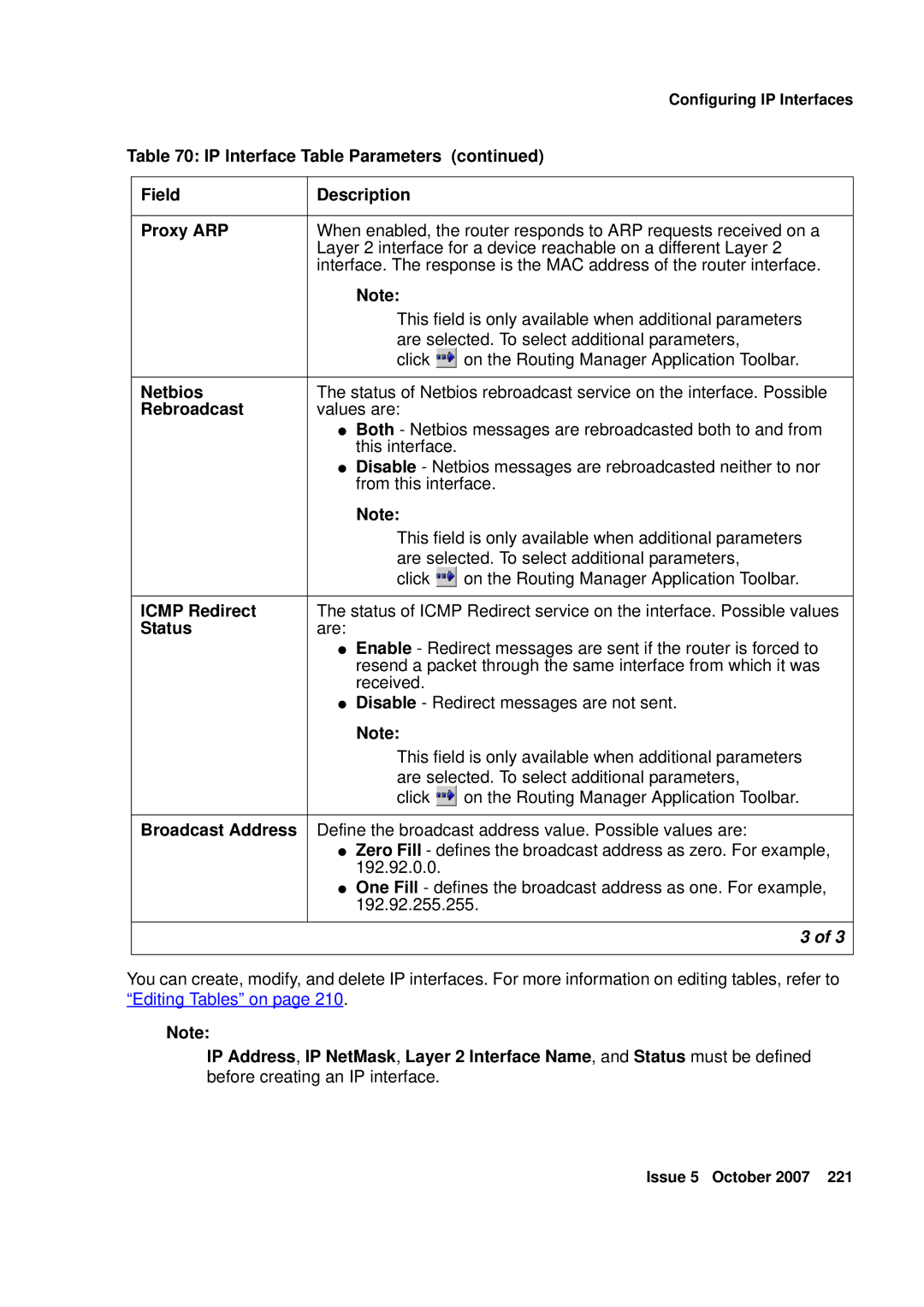 Avaya G250, G450 manual IP Interface Table Parameters Field Description Proxy ARP, Netbios, Rebroadcast, Icmp Redirect 