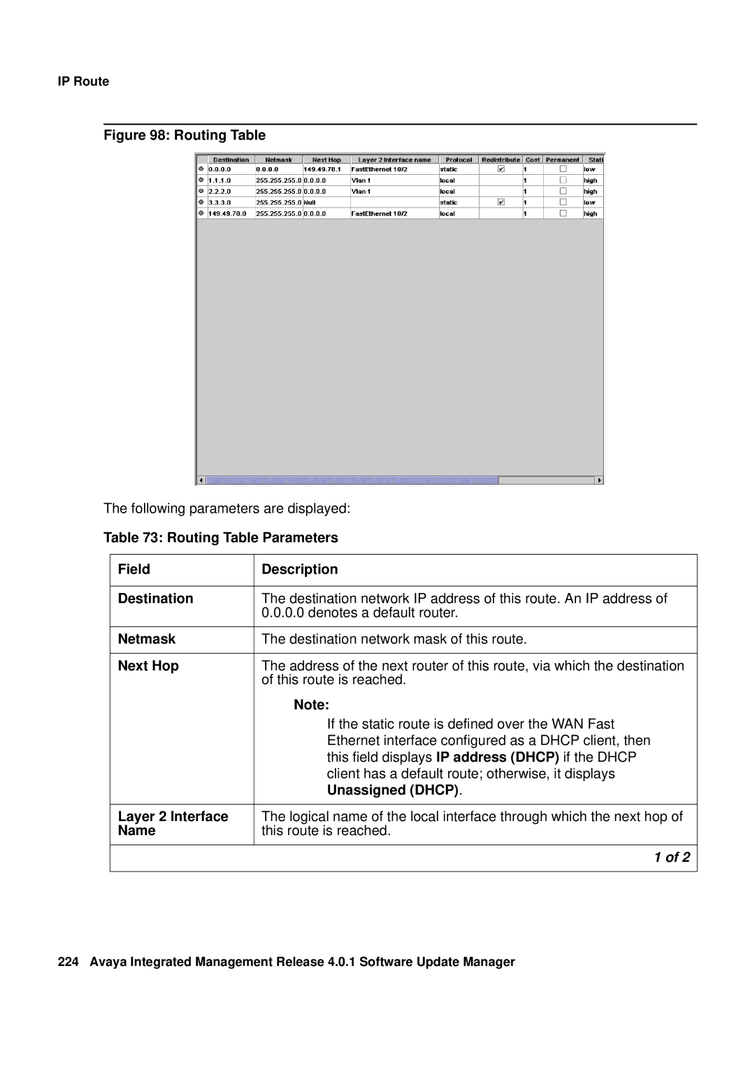 Avaya G450, G250 manual Routing Table Parameters Field Description Destination, Netmask, Next Hop, Unassigned Dhcp 