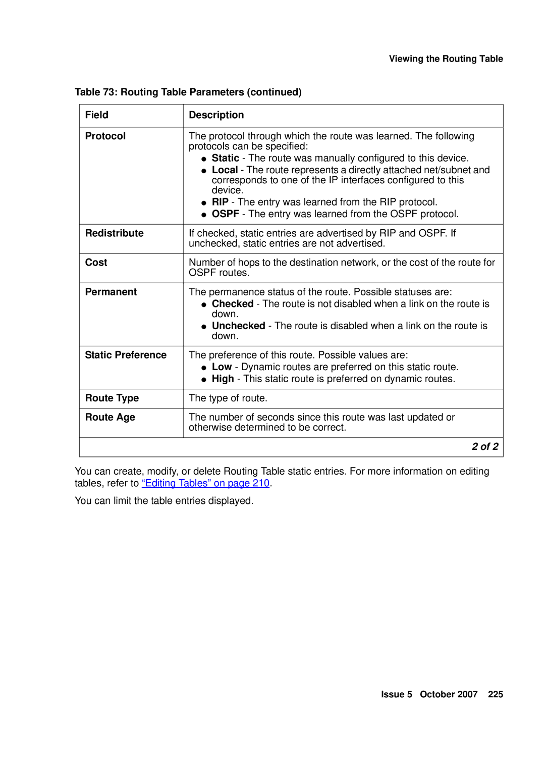 Avaya G250 Routing Table Parameters, Field Description Protocol, Redistribute, Permanent, Static Preference, Route Type 