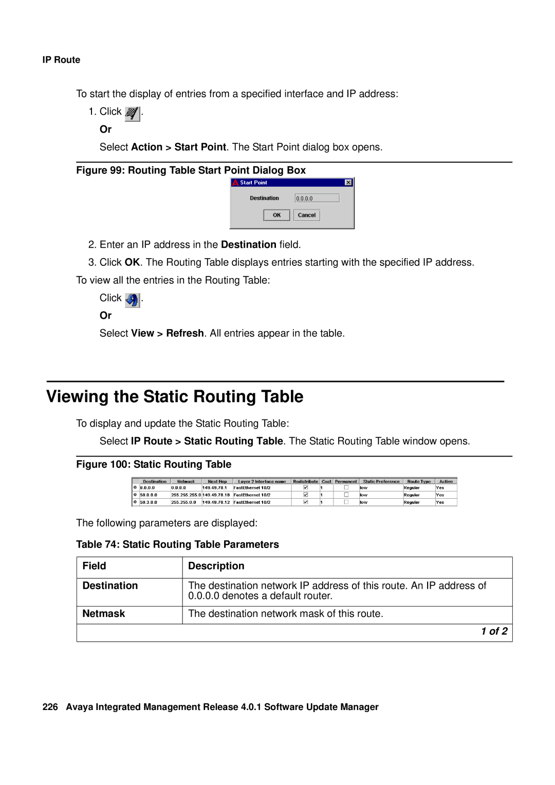 Avaya G450, G250 manual Viewing the Static Routing Table, Routing Table Start Point Dialog Box 