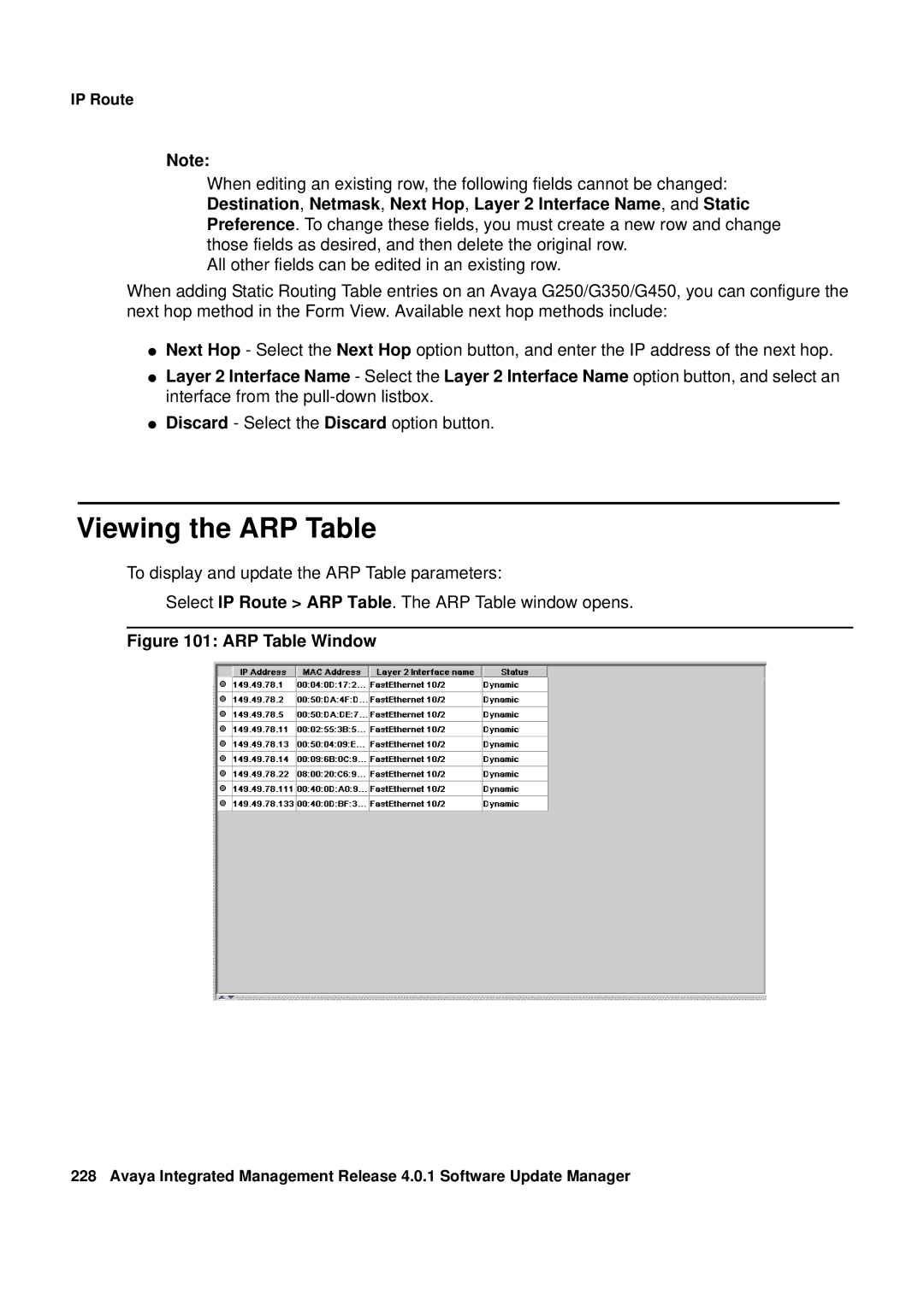 Avaya G450, G250 manual Viewing the ARP Table, ARP Table Window 